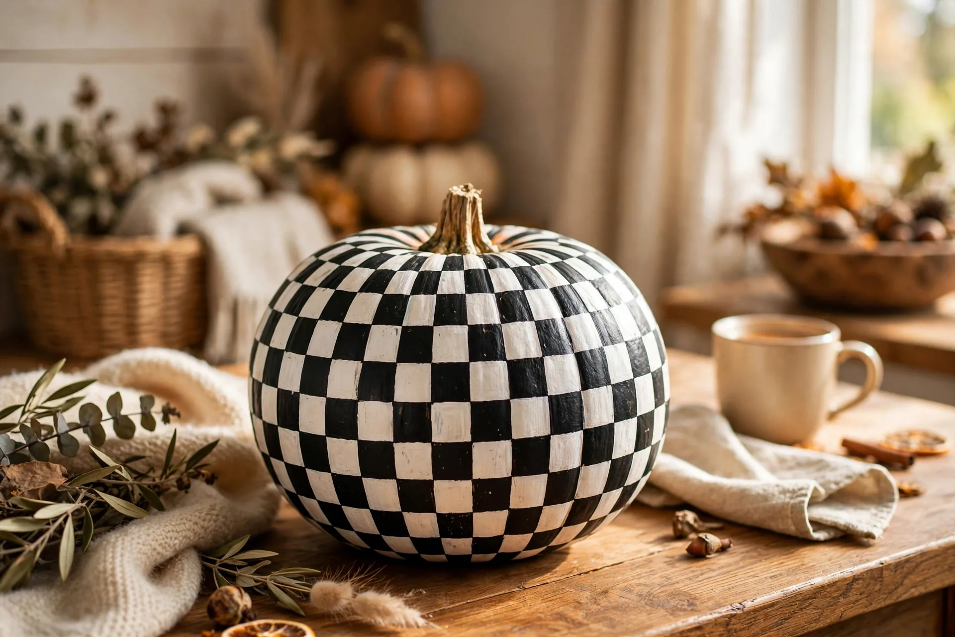 Painted pumpkin with a black and white checkerboard pattern