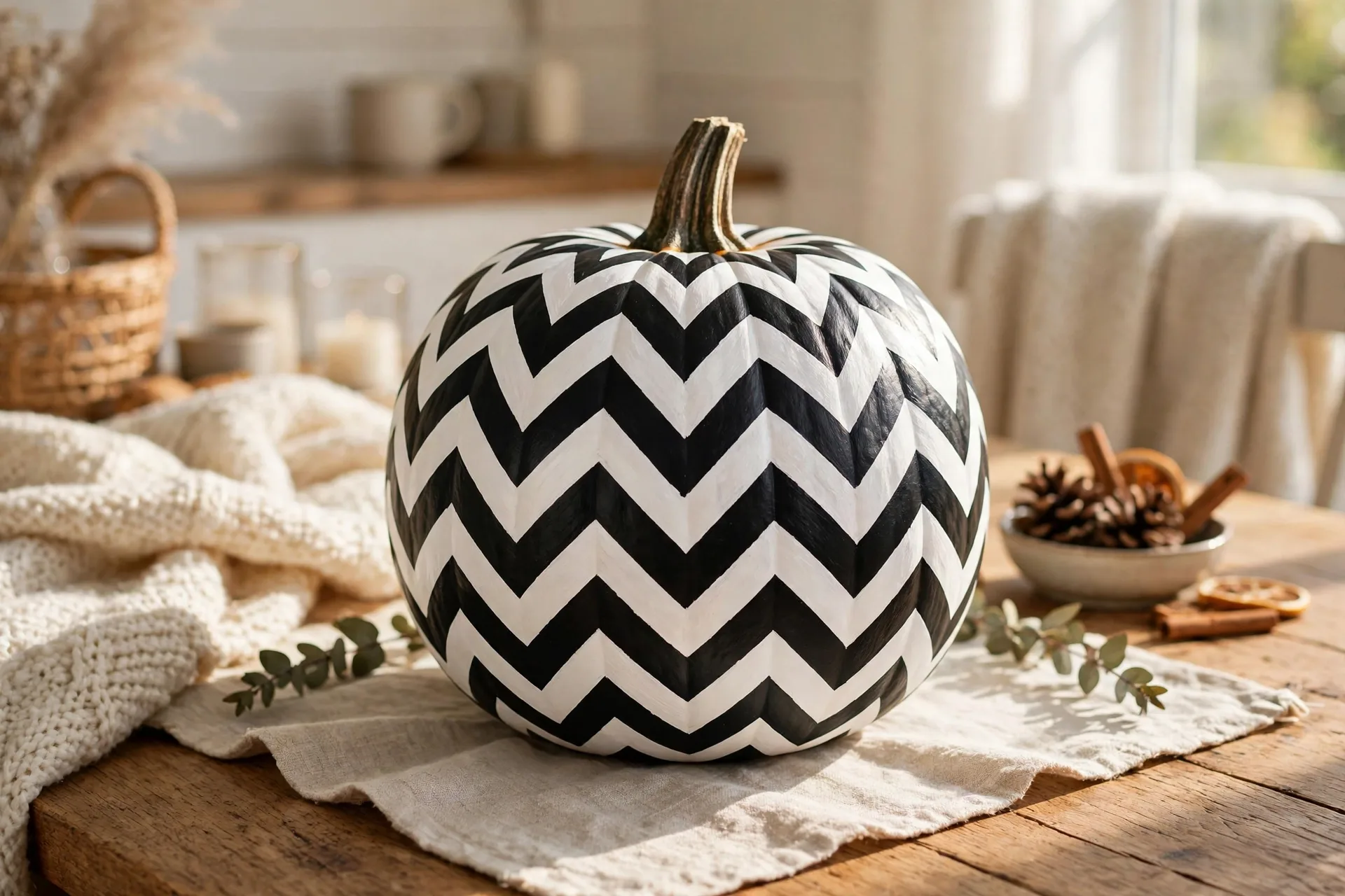 Painted pumpkin with bold black and white chevron zigzag stripes