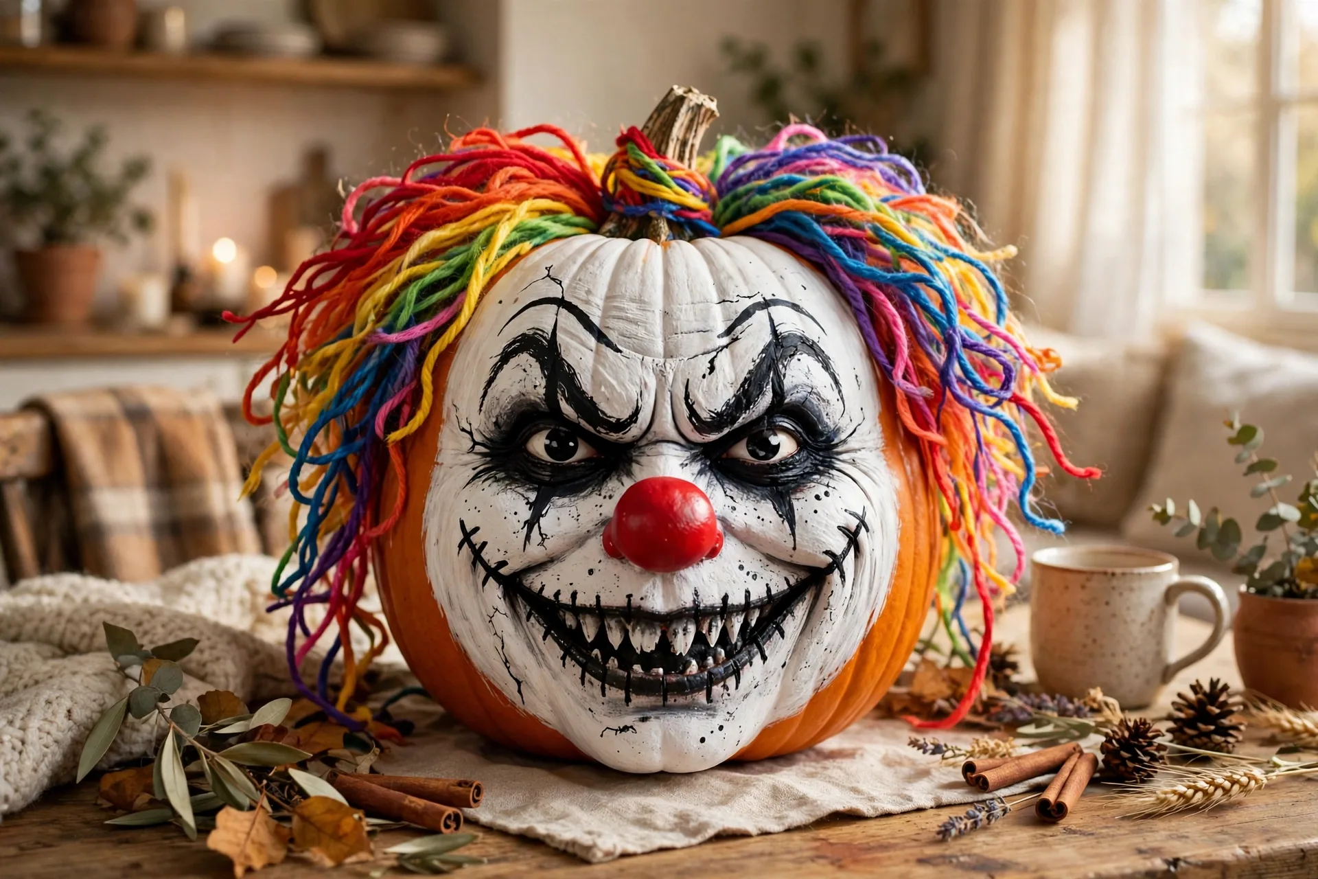 Painted pumpkin as a creepy clown with white face, rainbow hair and red nose
