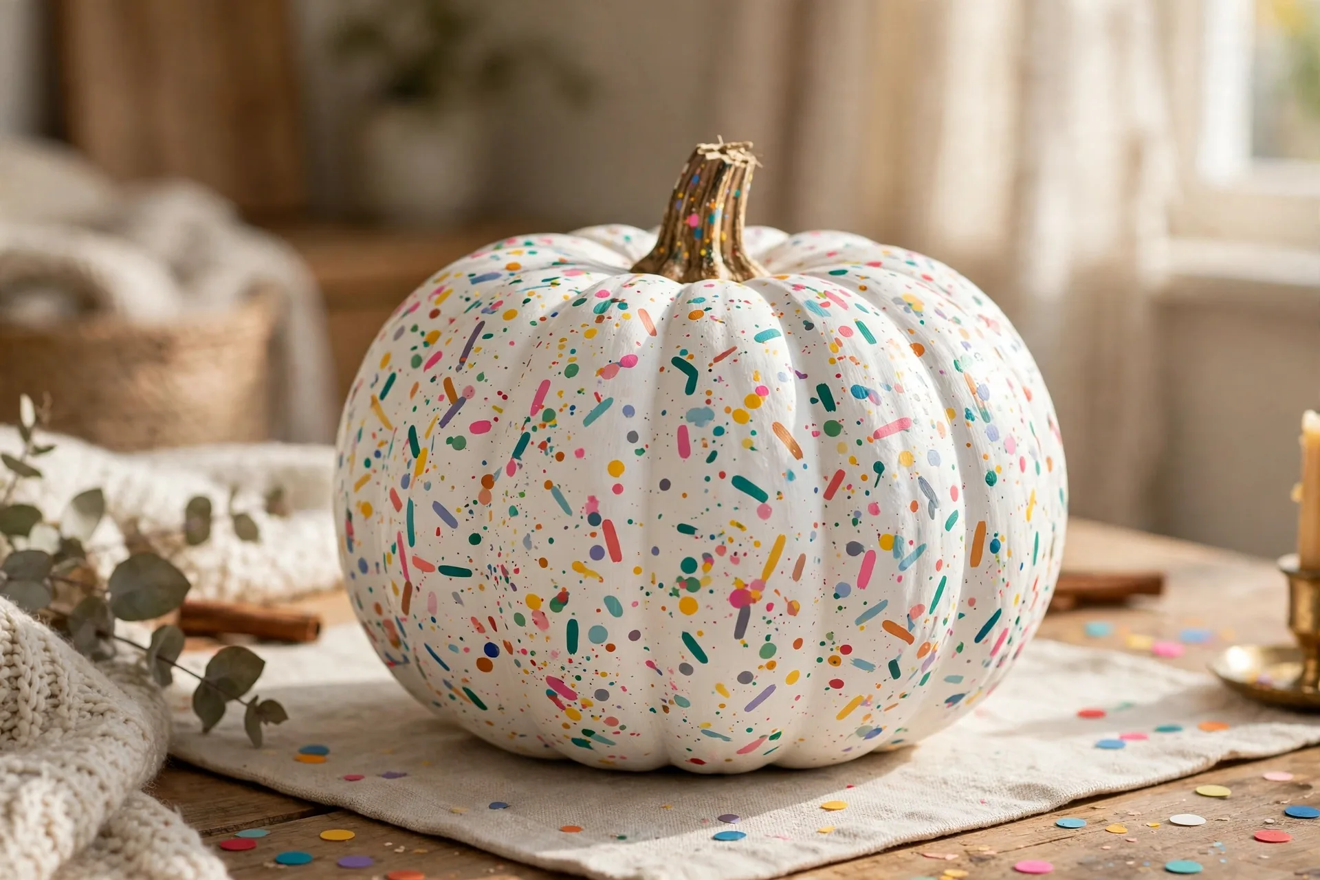 White painted pumpkin covered in colorful painted confetti dashes