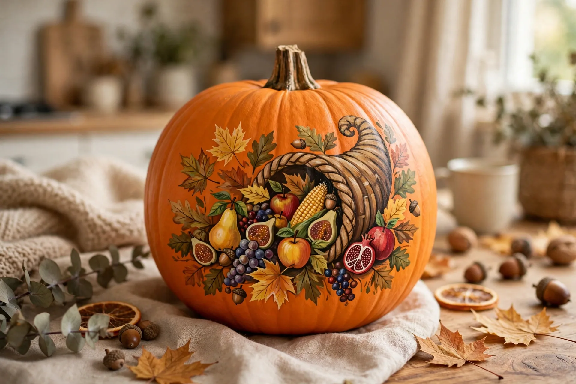 Orange painted pumpkin with a painted cornucopia of fruit and leaves
