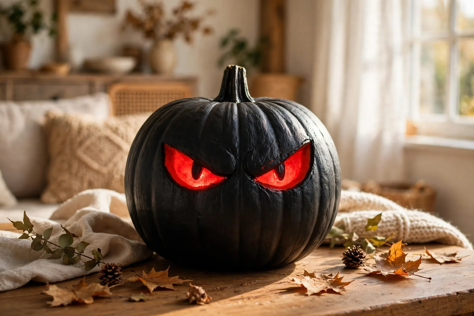 Black painted pumpkin with two glowing red demon eyes