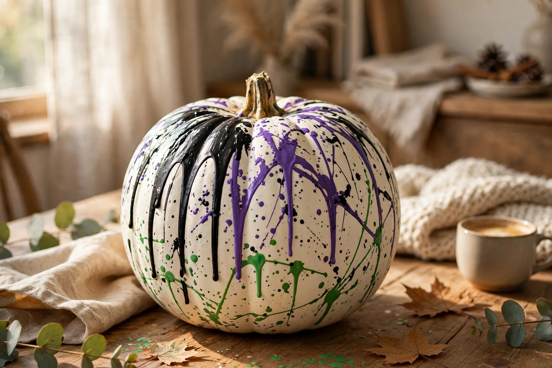 White pumpkin with black purple and green drip and splatter paint