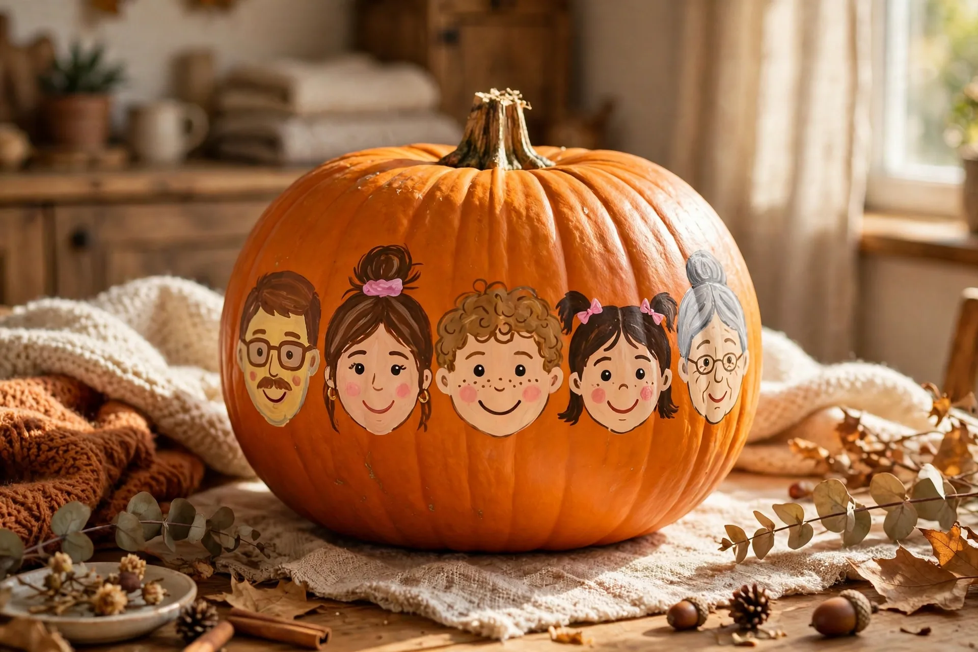 Painted pumpkin with a row of simple painted family member faces