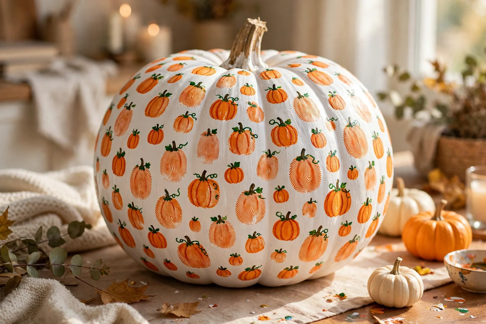 White painted pumpkin covered in family fingerprint dots turned into mini pumpkins