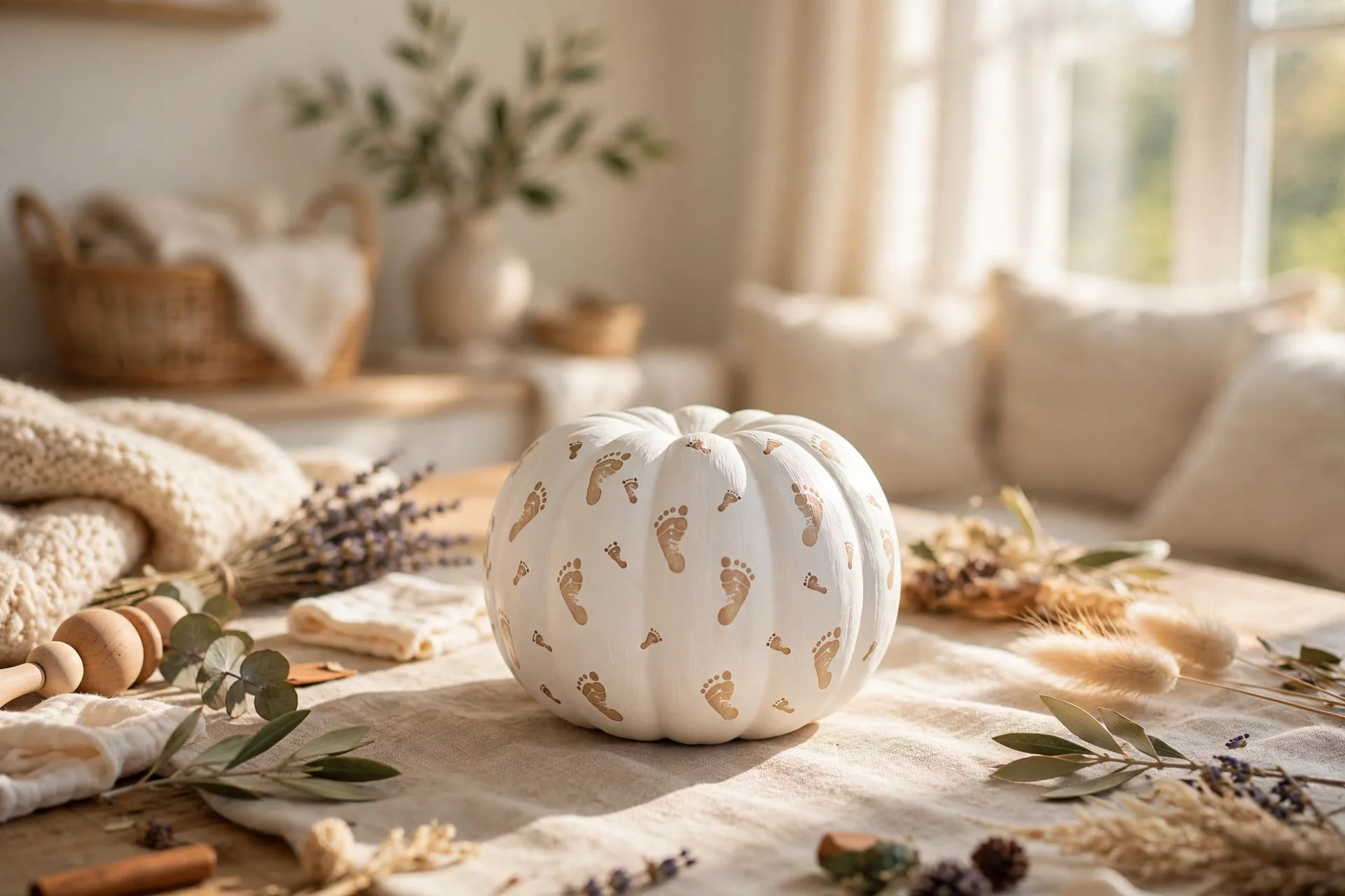 Tiny white painted pumpkin with a baby name year and tiny footprints