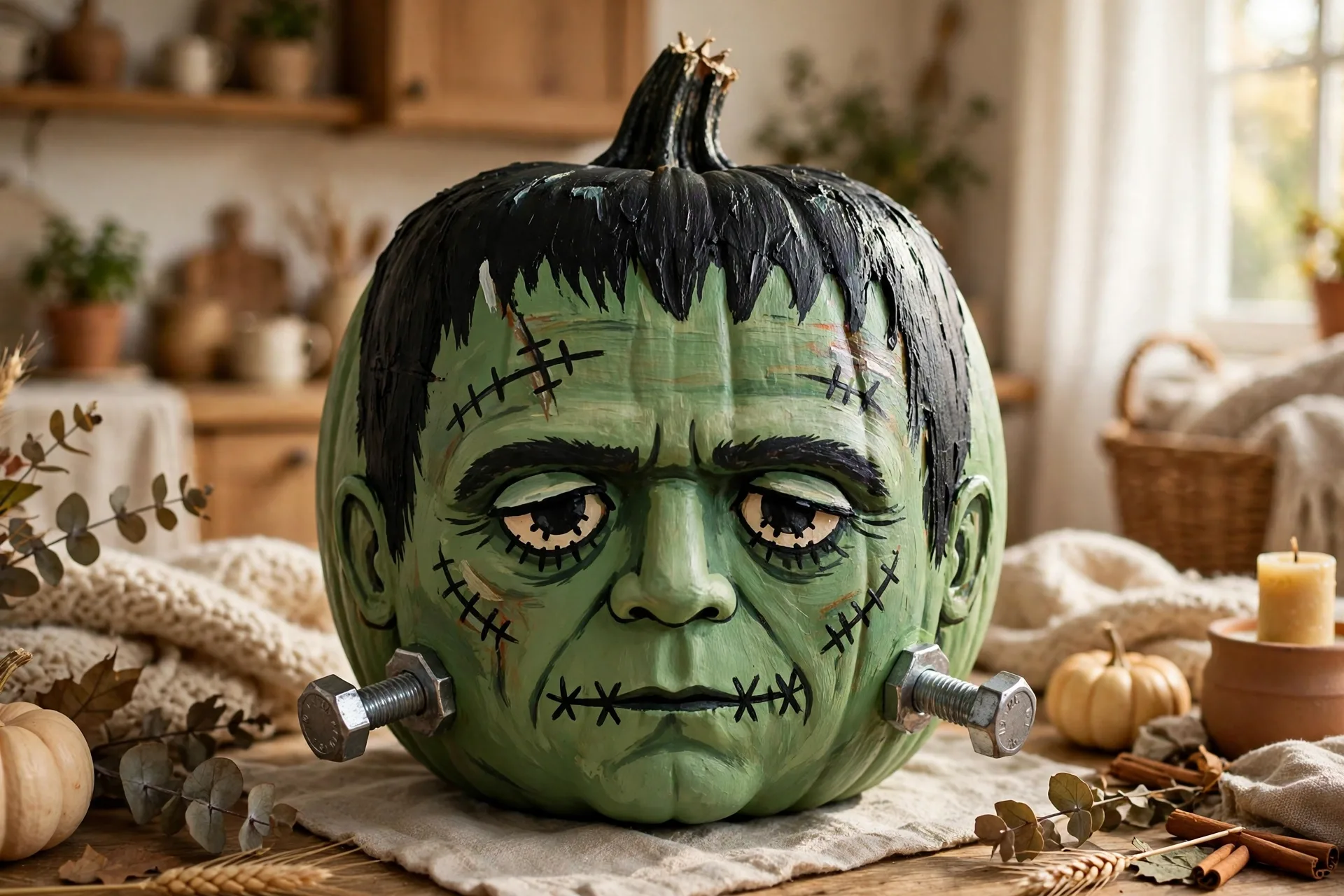 Painted pumpkin as Frankenstein monster with green face, black flat hair and bolts