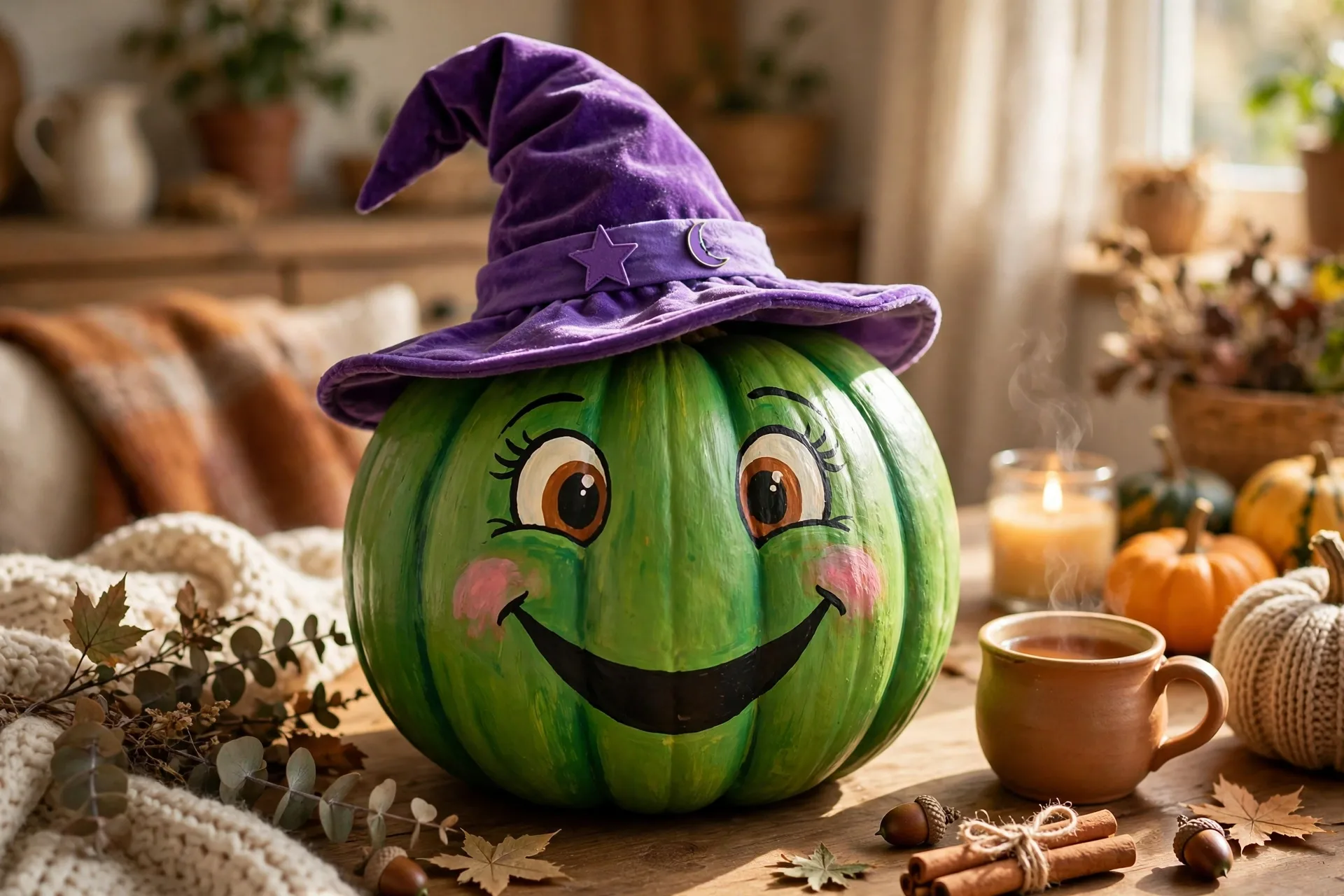 Painted pumpkin as a friendly green witch with purple hat and big smile