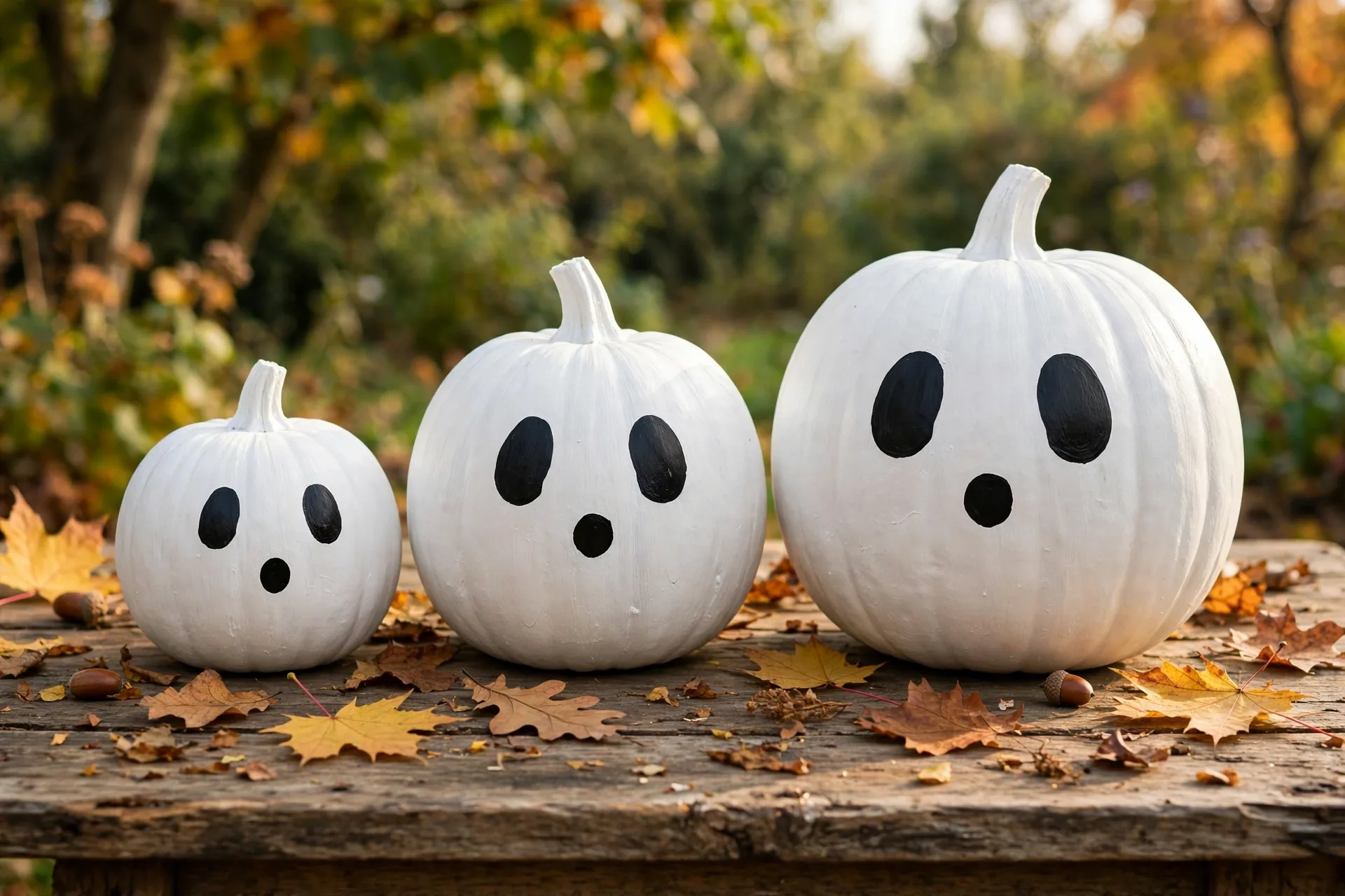 White ghost family of painted pumpkins lined up on porch steps with flameless tea lights