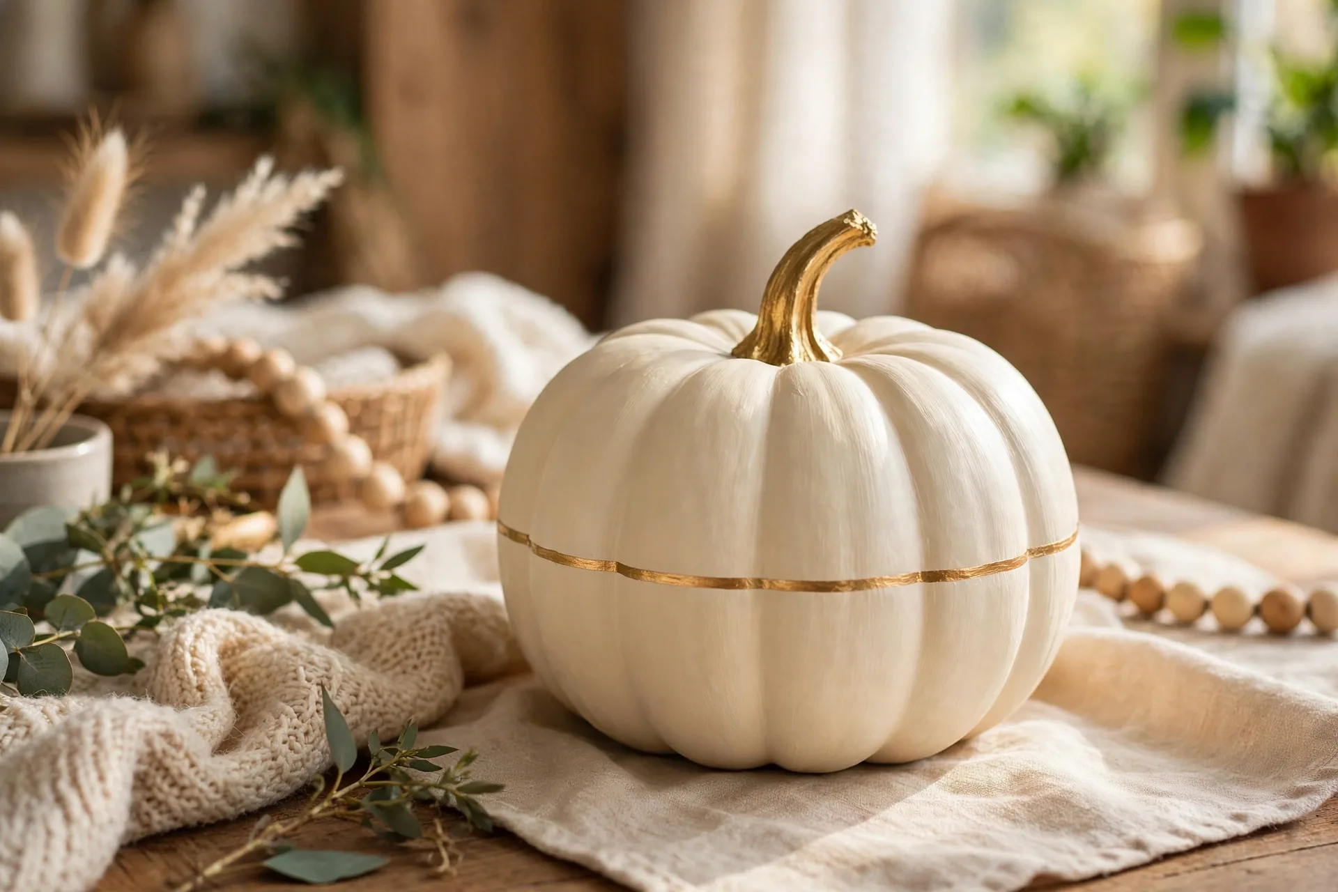 Cream painted pumpkin with a gold stem and thin gold band