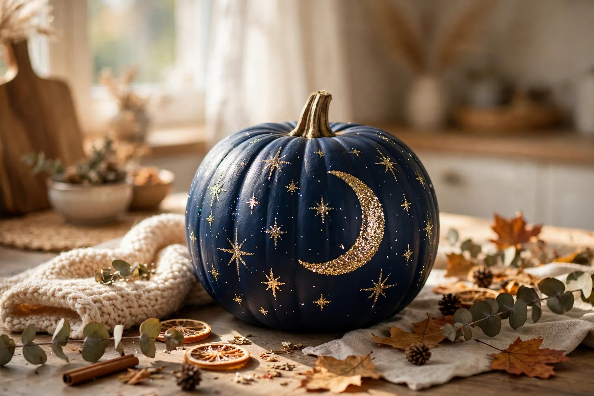 Midnight blue painted pumpkin with glitter stars and a crescent moon