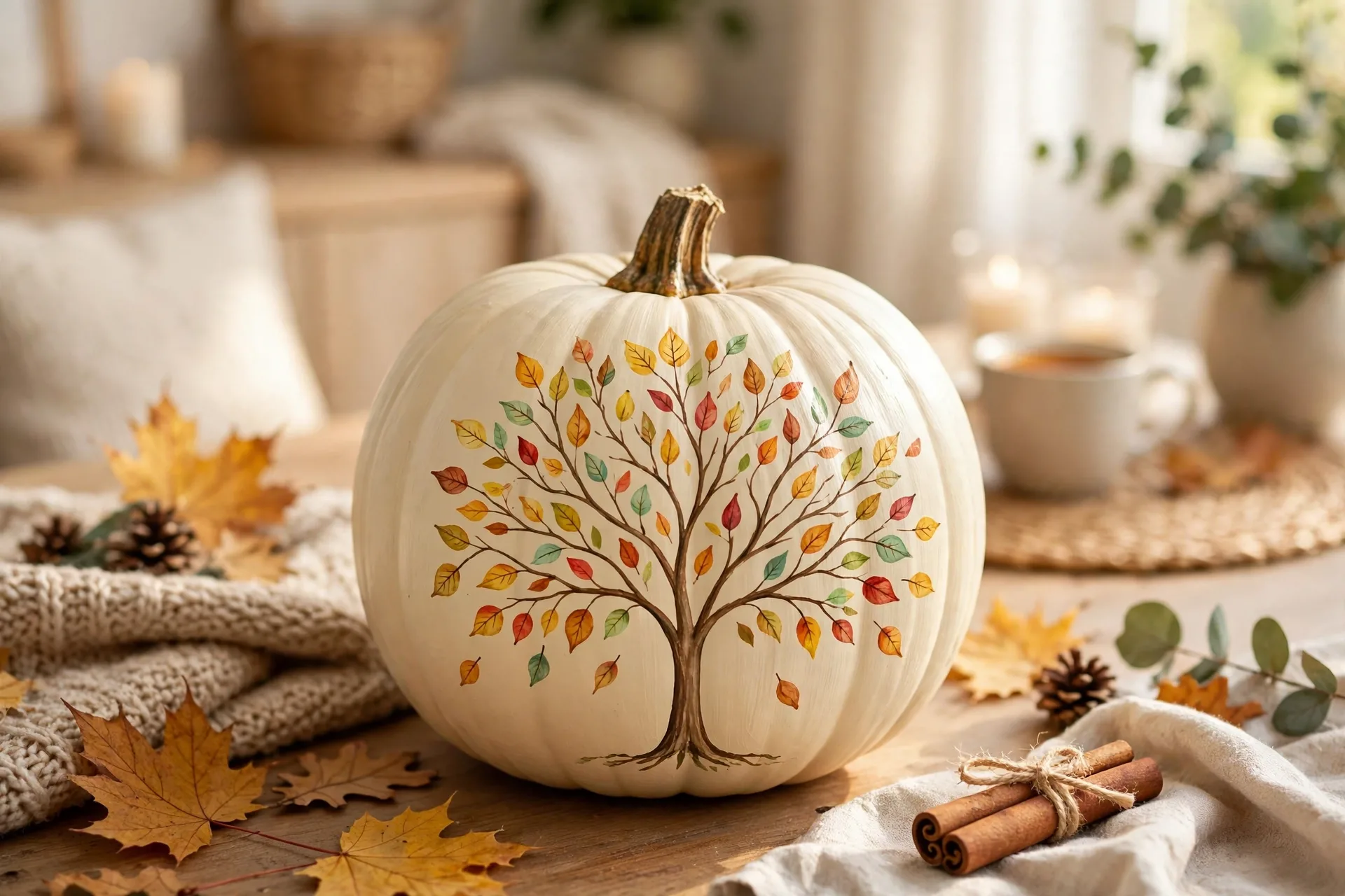 Cream painted pumpkin with a painted gratitude tree and colorful thankful leaves