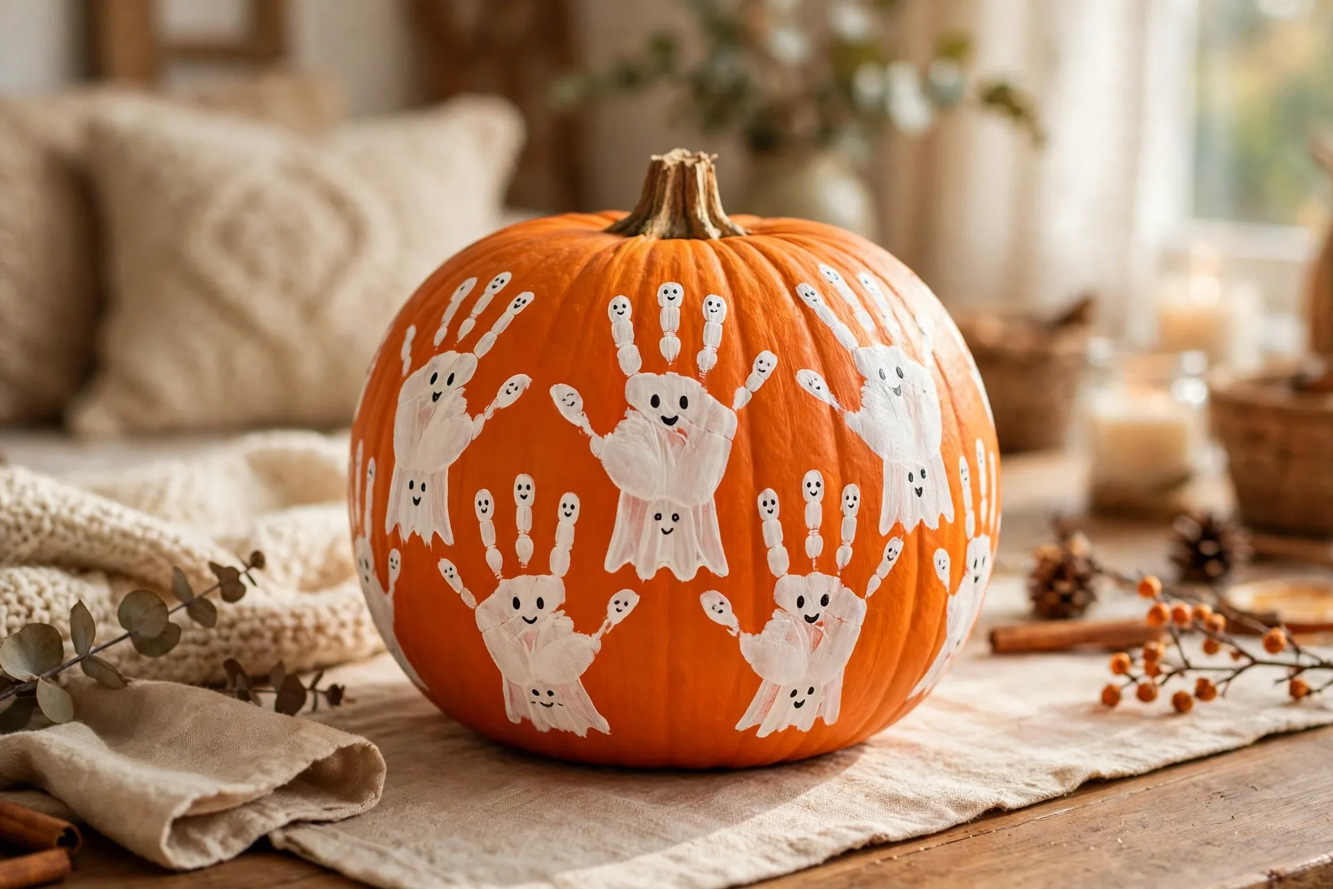 Orange painted pumpkin with white handprints turned into little ghosts