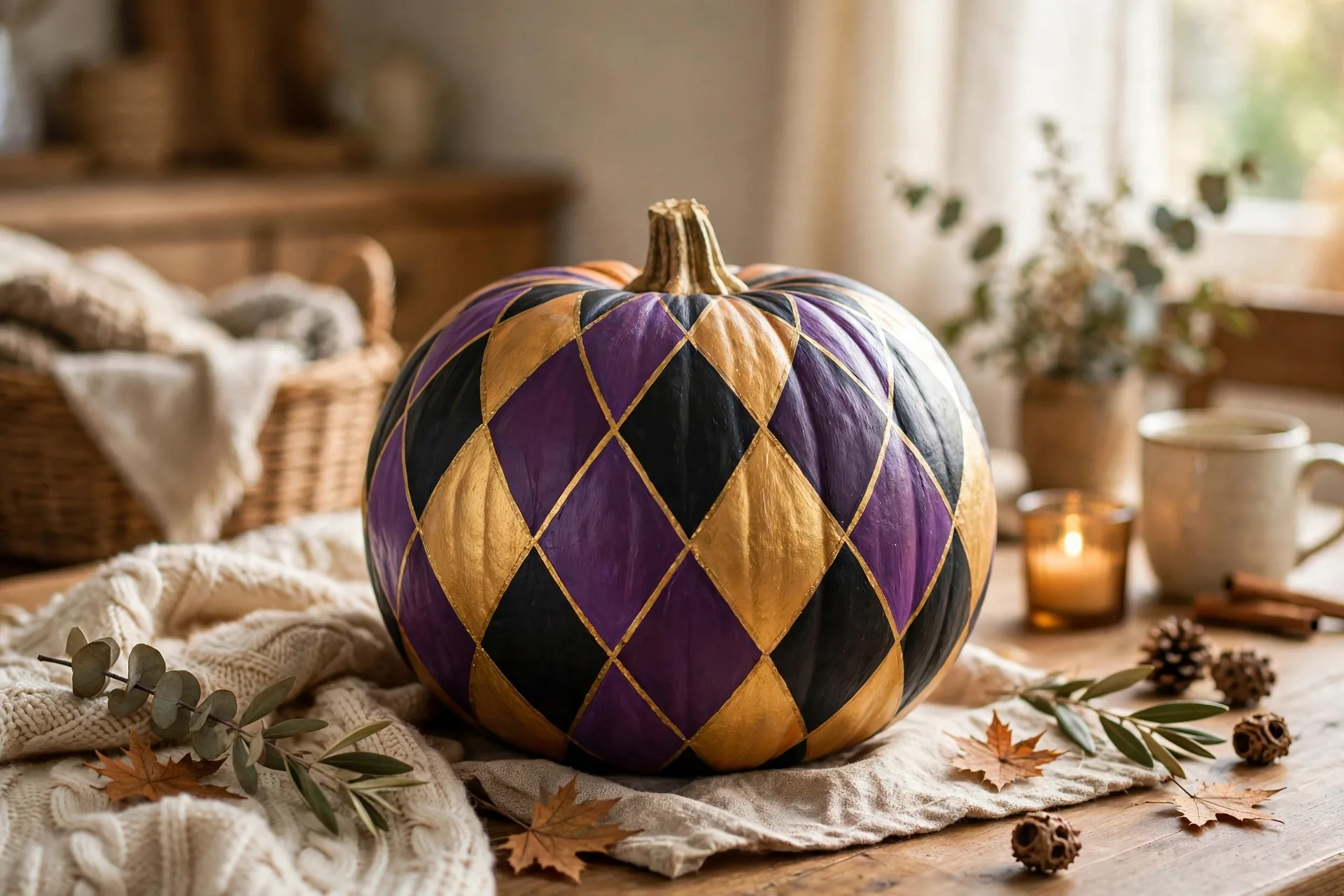 Painted pumpkin with purple black and gold harlequin diamond pattern
