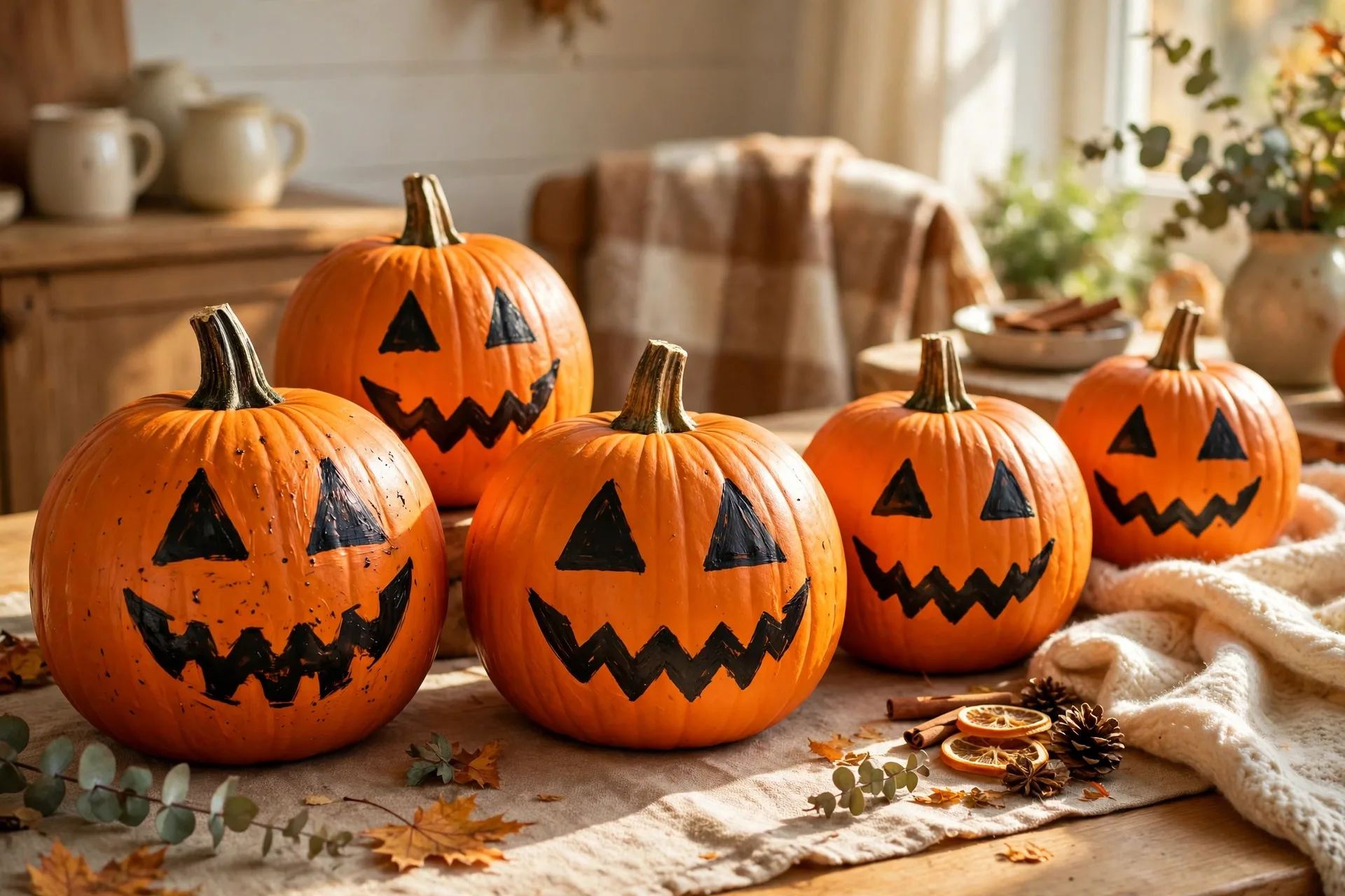 Painted jack-o-lantern faces with triangle eyes and zigzag grins on orange pumpkins