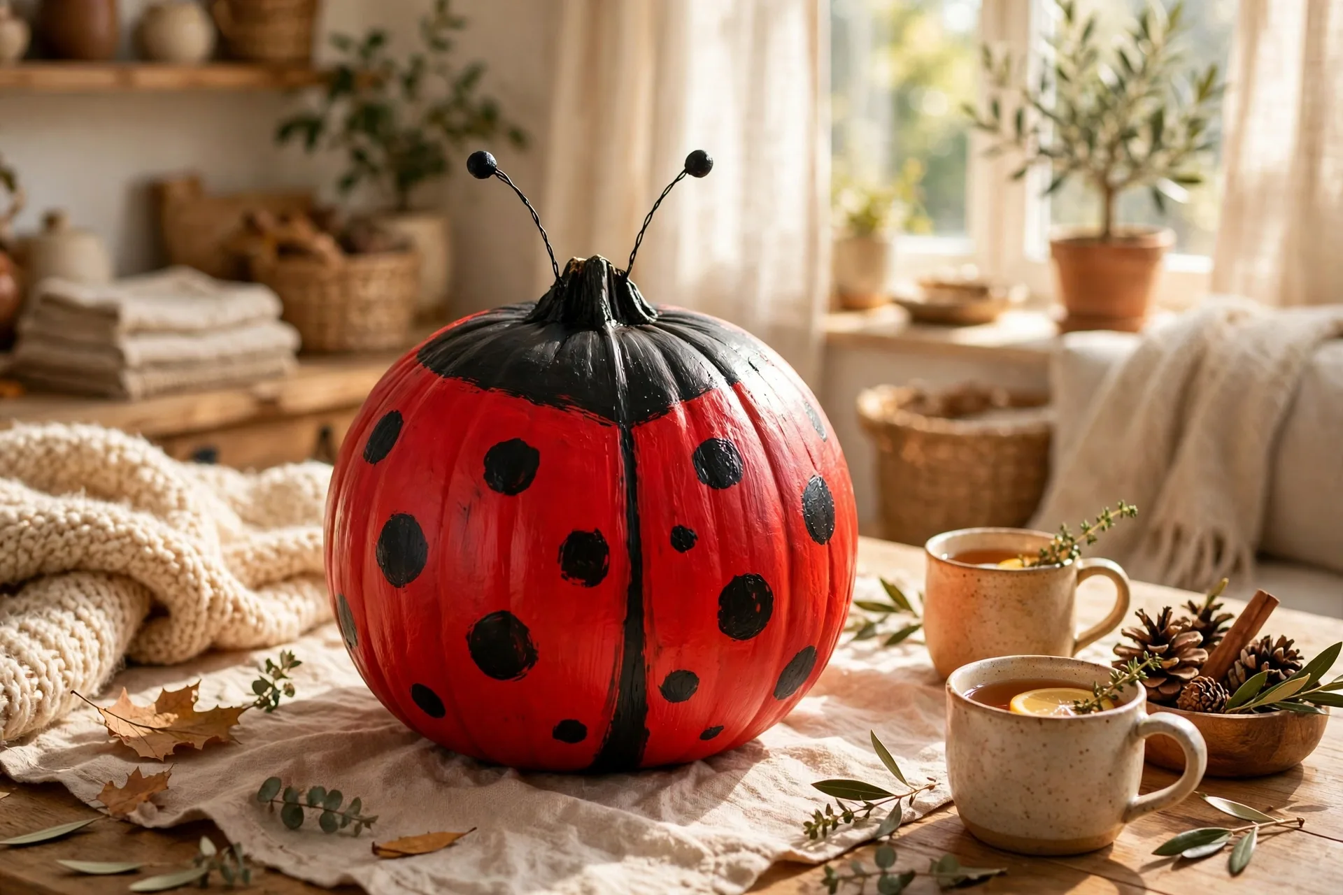Painted pumpkin as a red ladybug with black dots and black head
