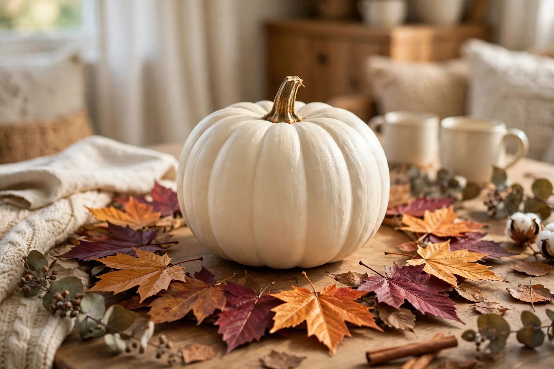 Cream painted pumpkin ringed with painted autumn leaves in rust gold and burgundy