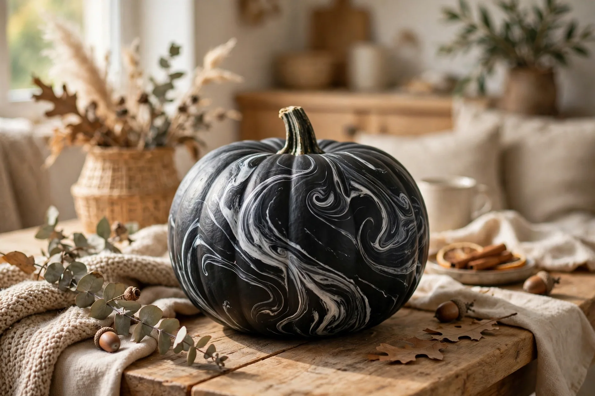 Dark painted pumpkin with white marble swirl veins