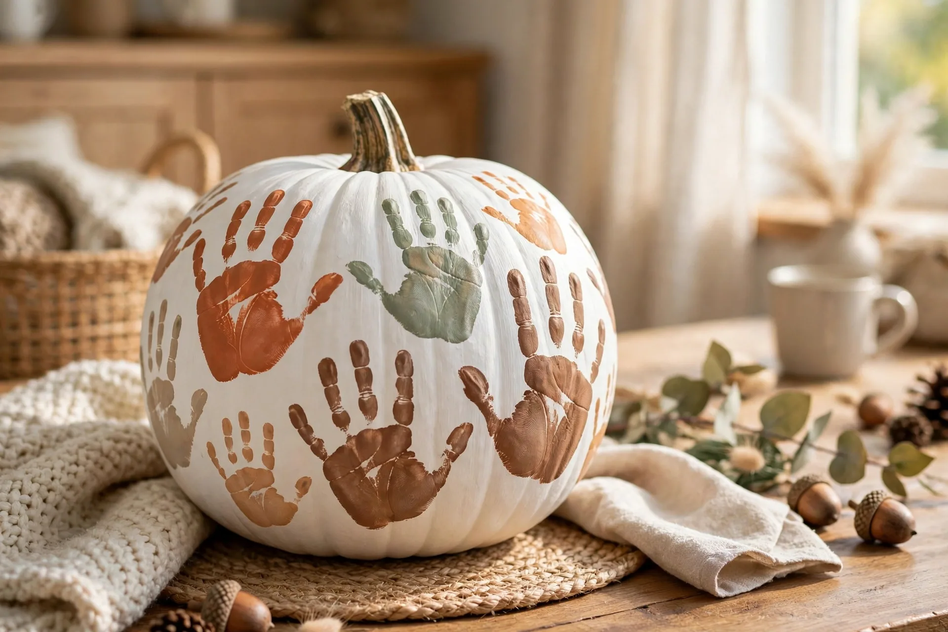 White painted pumpkin with family handprints names and the year