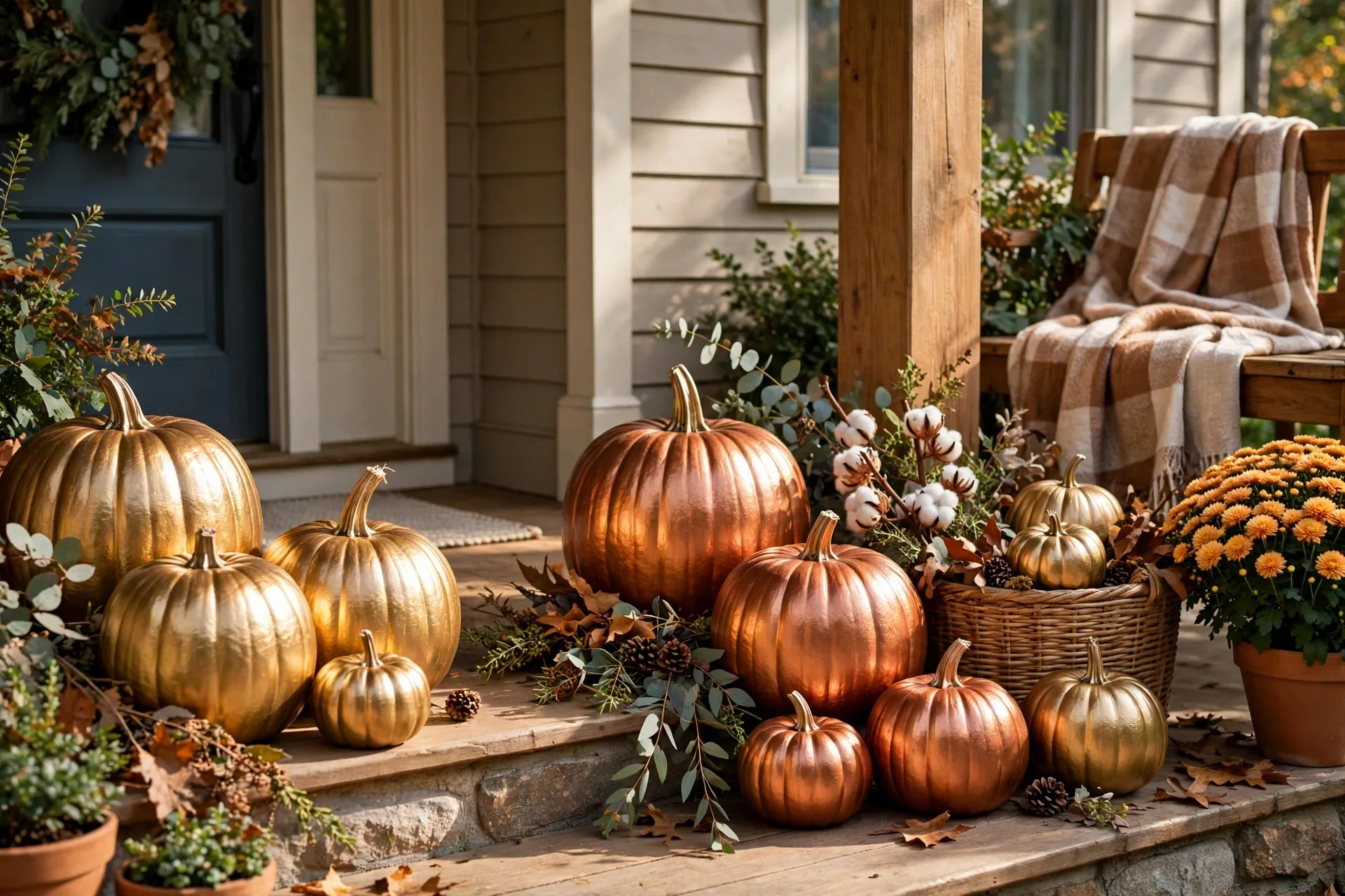 Metallic gold and copper painted pumpkins on a porch display