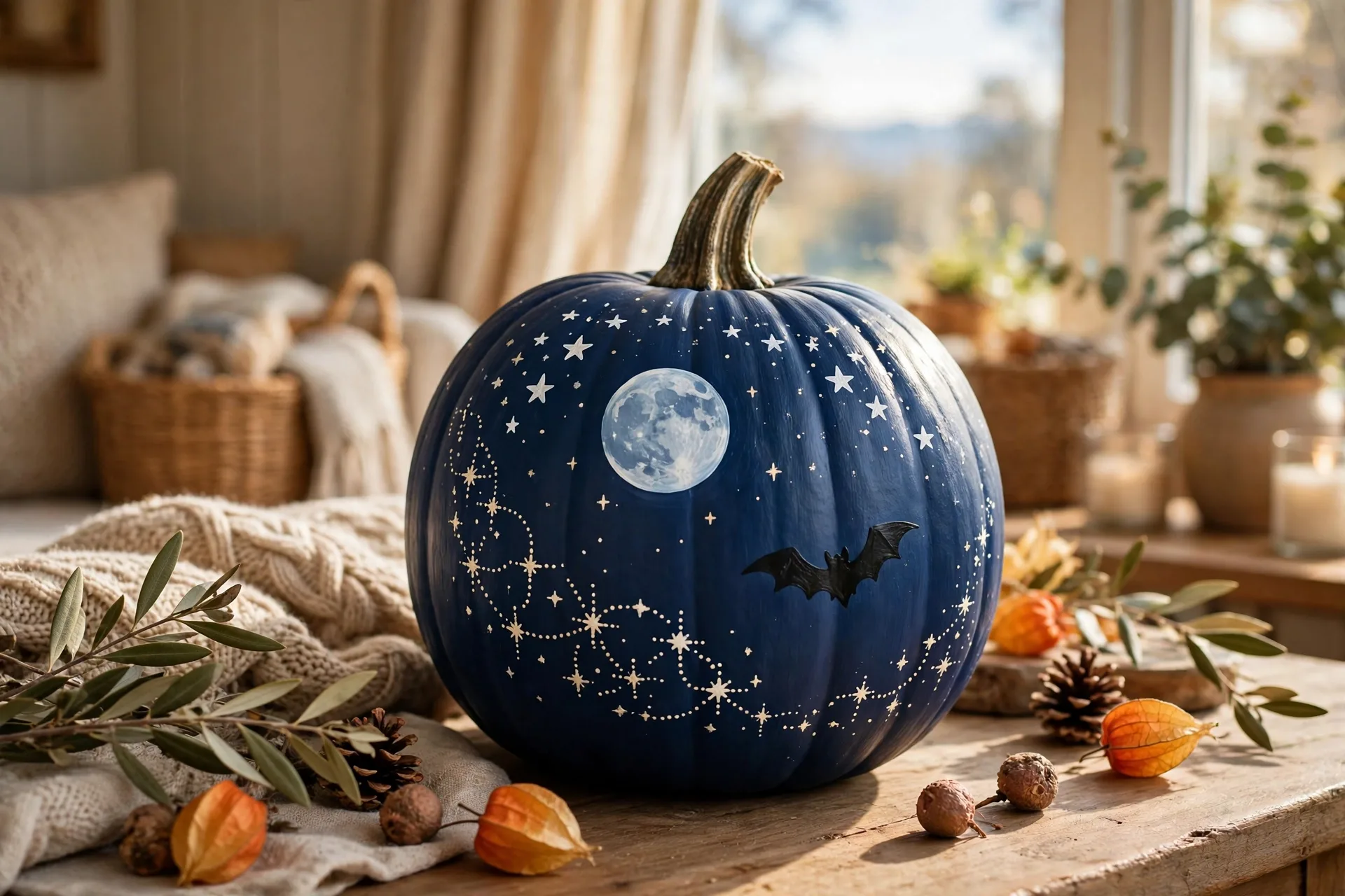 Navy painted pumpkin with a full moon stars and a bat silhouette