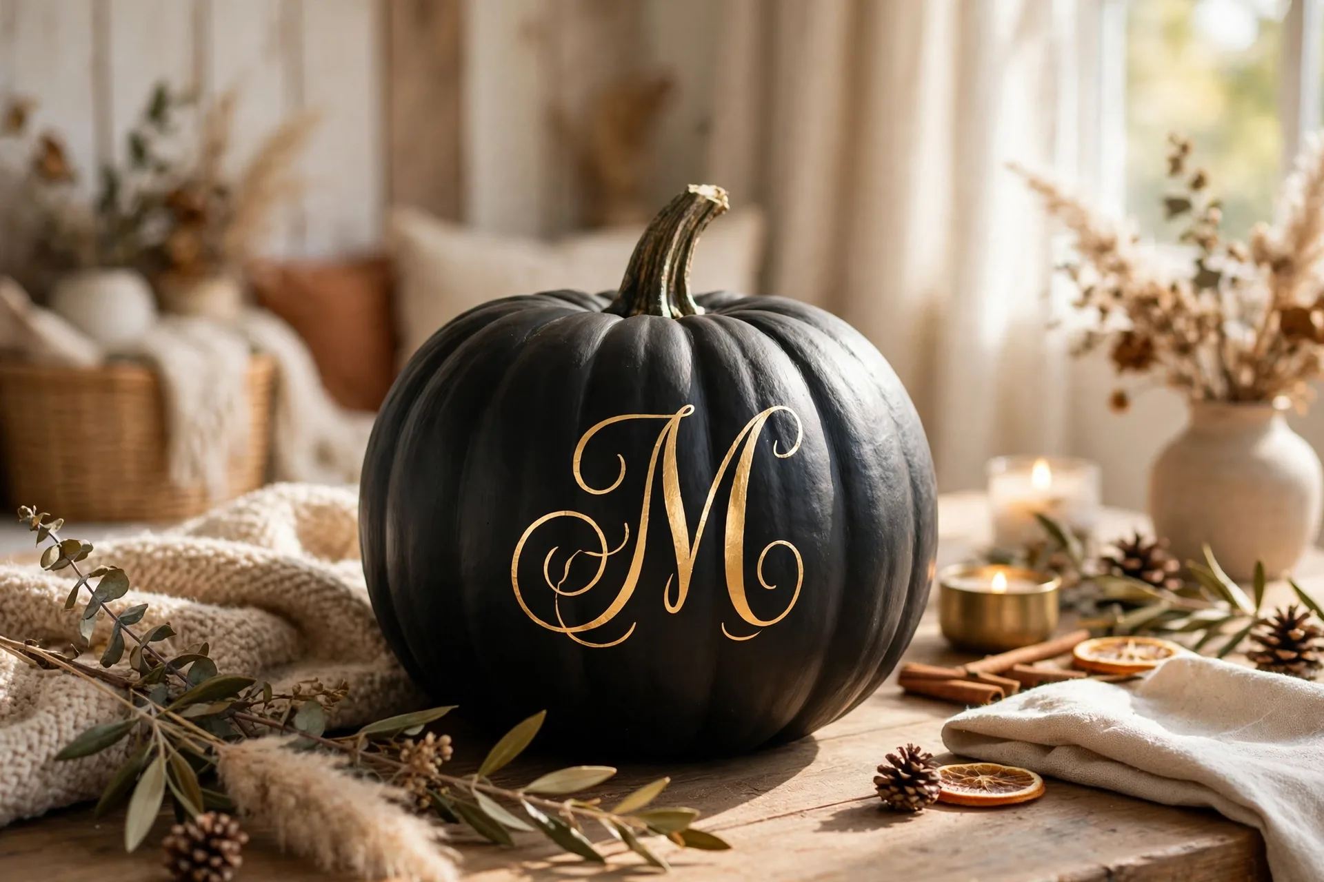 Matte black painted pumpkin with a gold family initial monogram