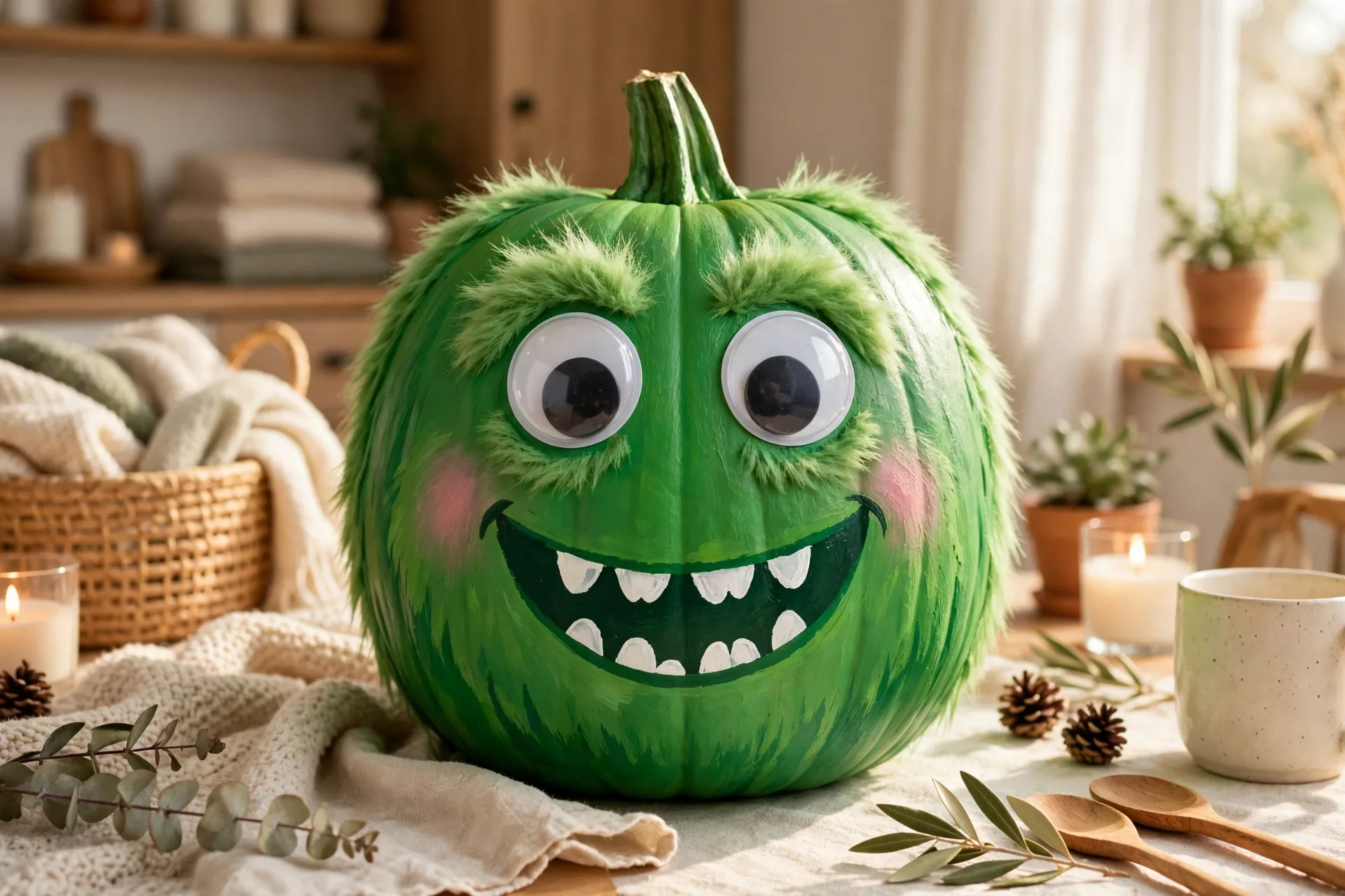 Green friendly monster painted pumpkin with googly eyes and goofy grin