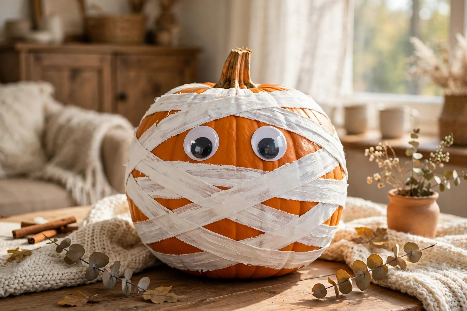 Painted mummy pumpkin with white bandage strokes and two big eyes