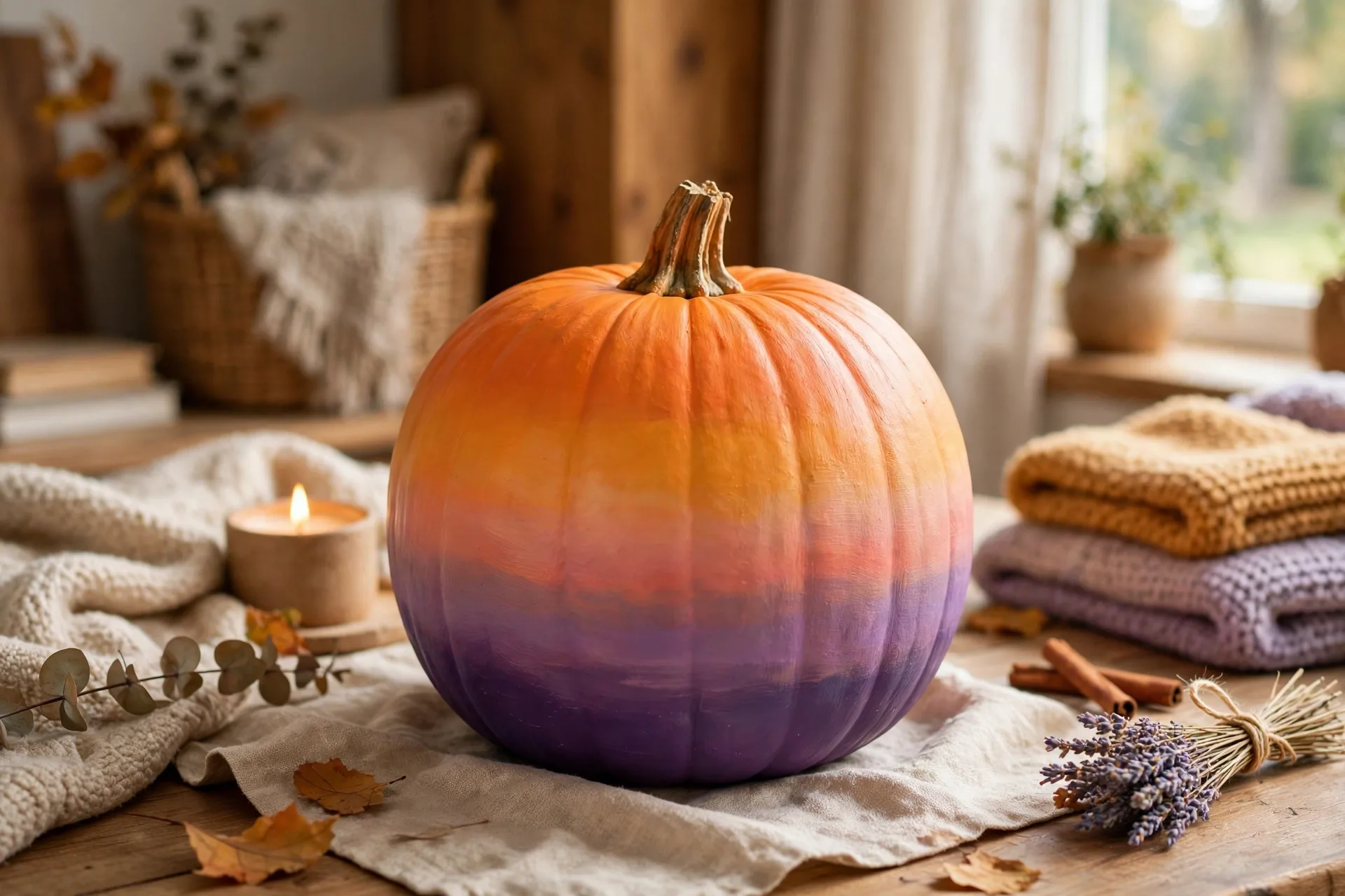 Painted pumpkin with an ombre sunset fade from orange to purple