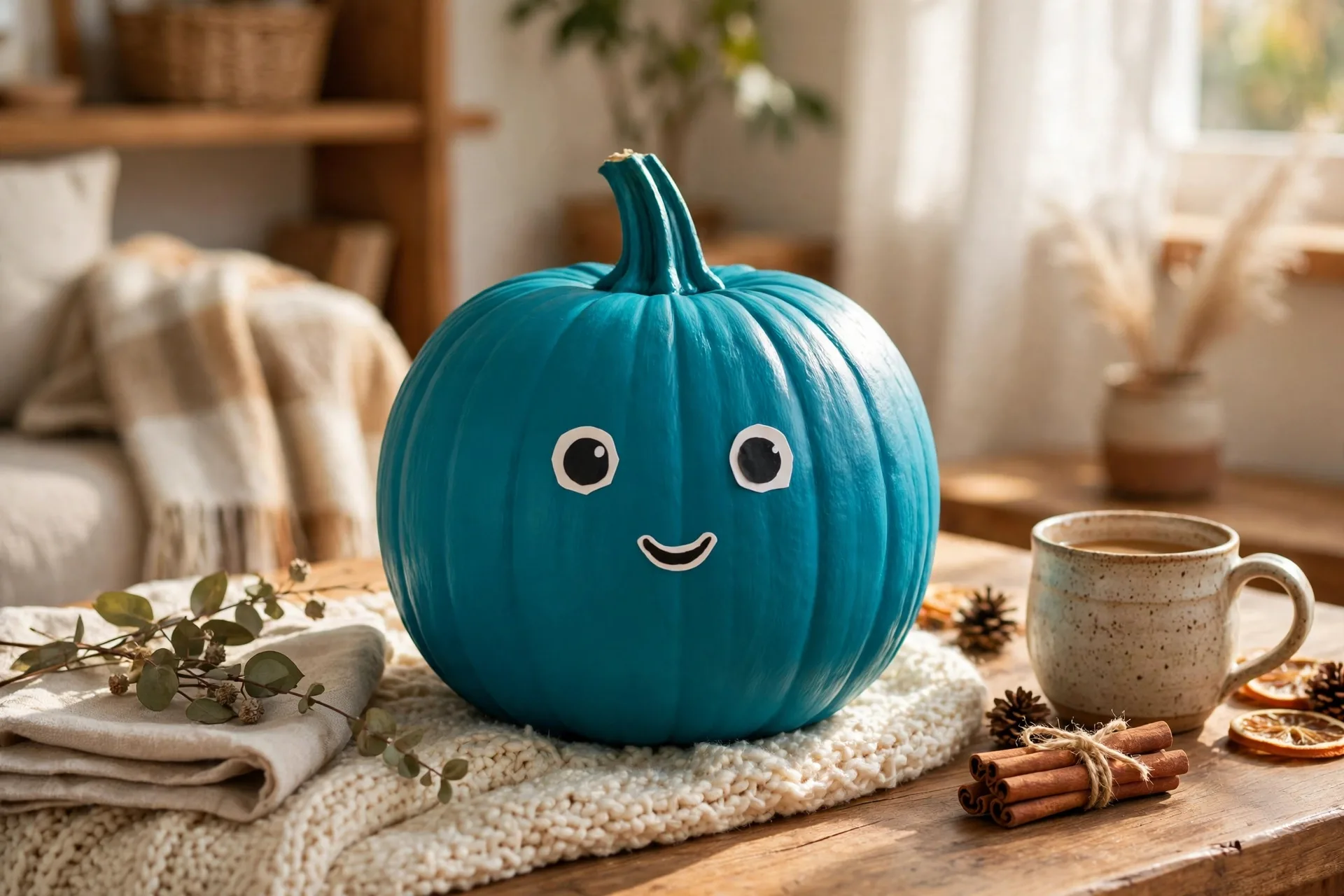 Painted pumpkin in one bold teal color with a simple sticker face