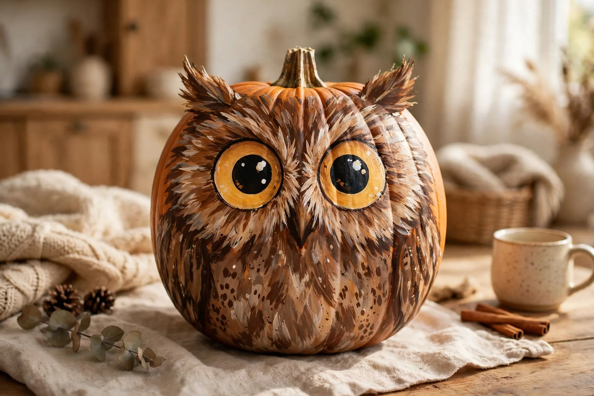 Painted pumpkin as a brown owl with big round eyes and feather strokes