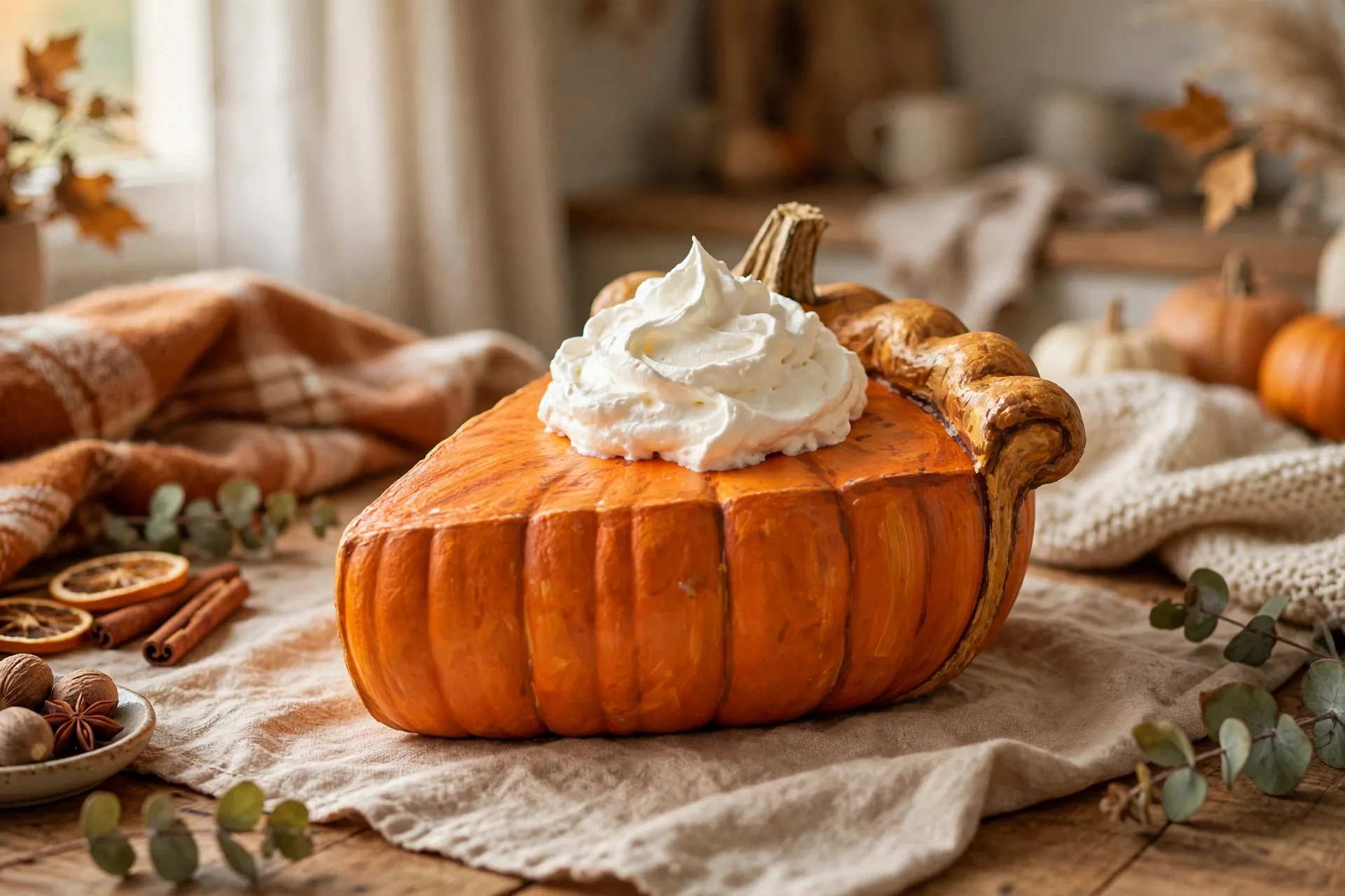Painted pumpkin dressed as a pumpkin pie slice with whipped cream top
