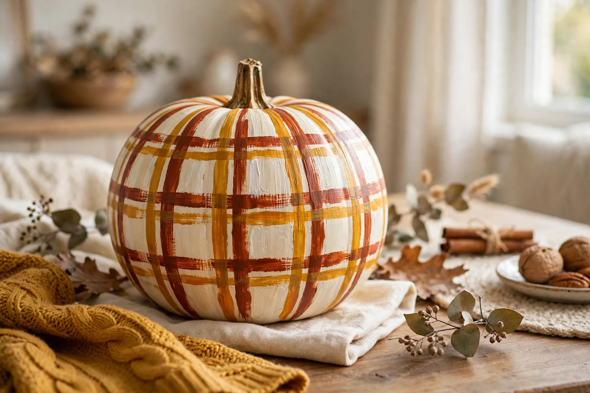 Painted pumpkin with rust and mustard brushstroke plaid on cream