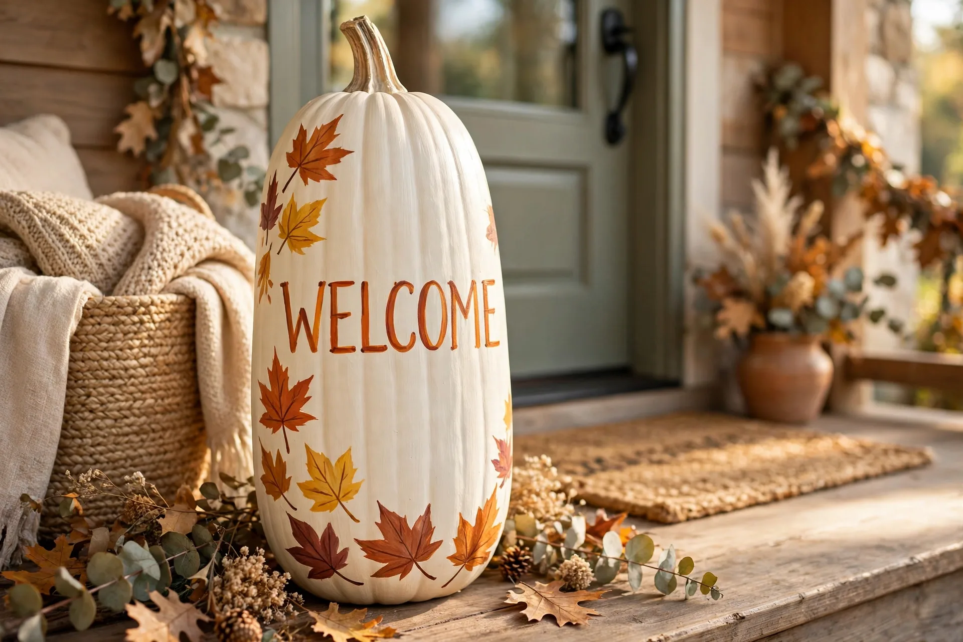 Tall cream painted pumpkin lettered WELCOME with painted fall leaves