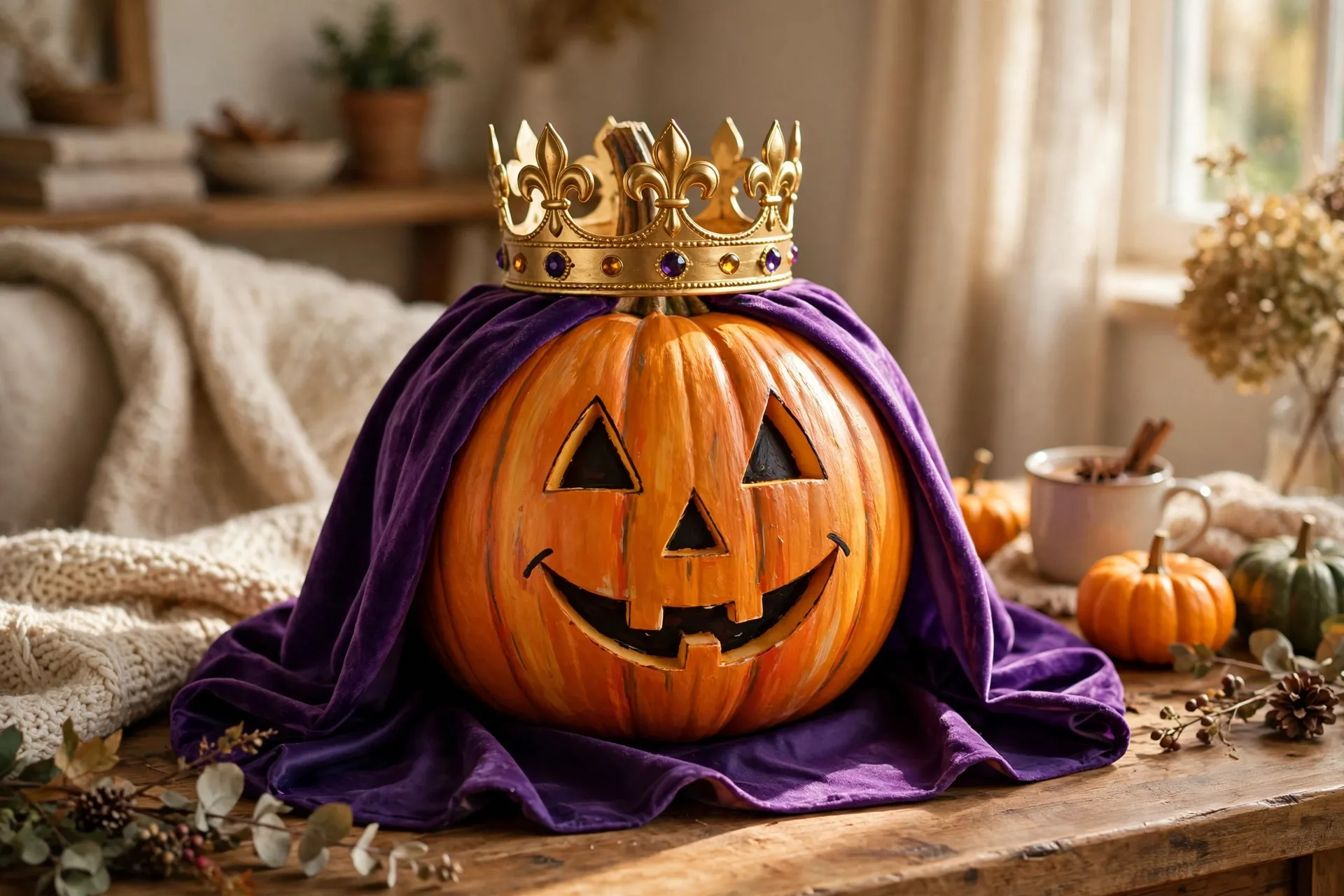 Painted pumpkin jack-o-lantern wearing a gold crown and purple cape