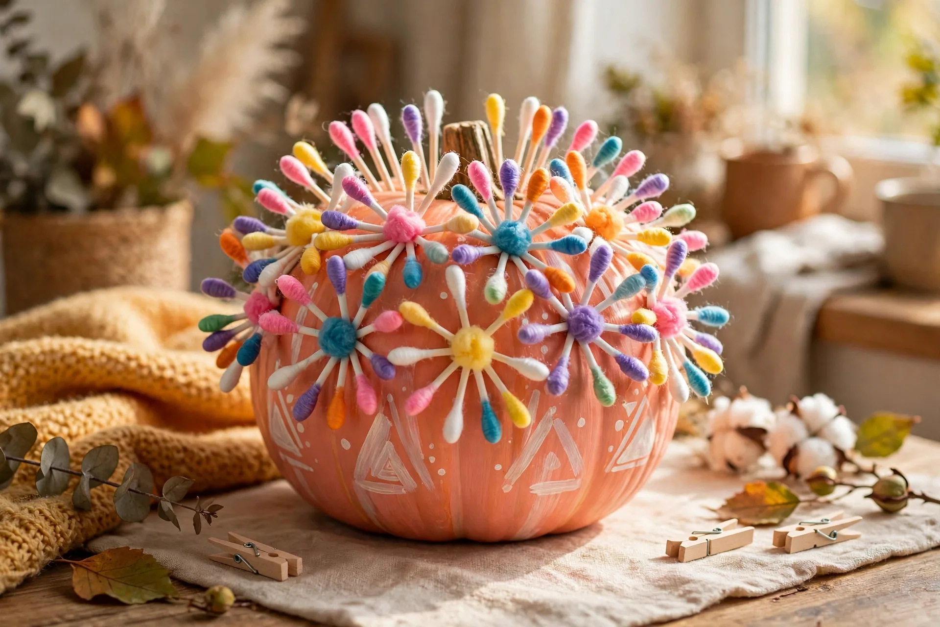 Painted pumpkin dotted with cotton-swab flowers in bright colors