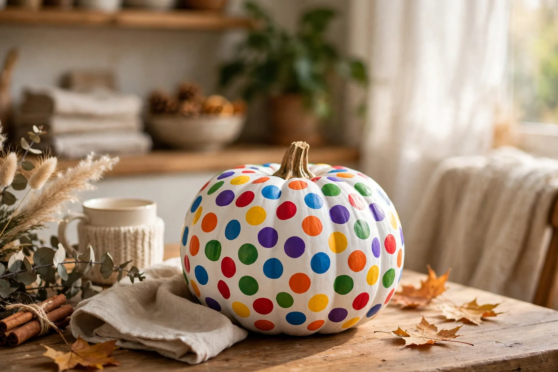 White painted pumpkin covered in rainbow polka dots