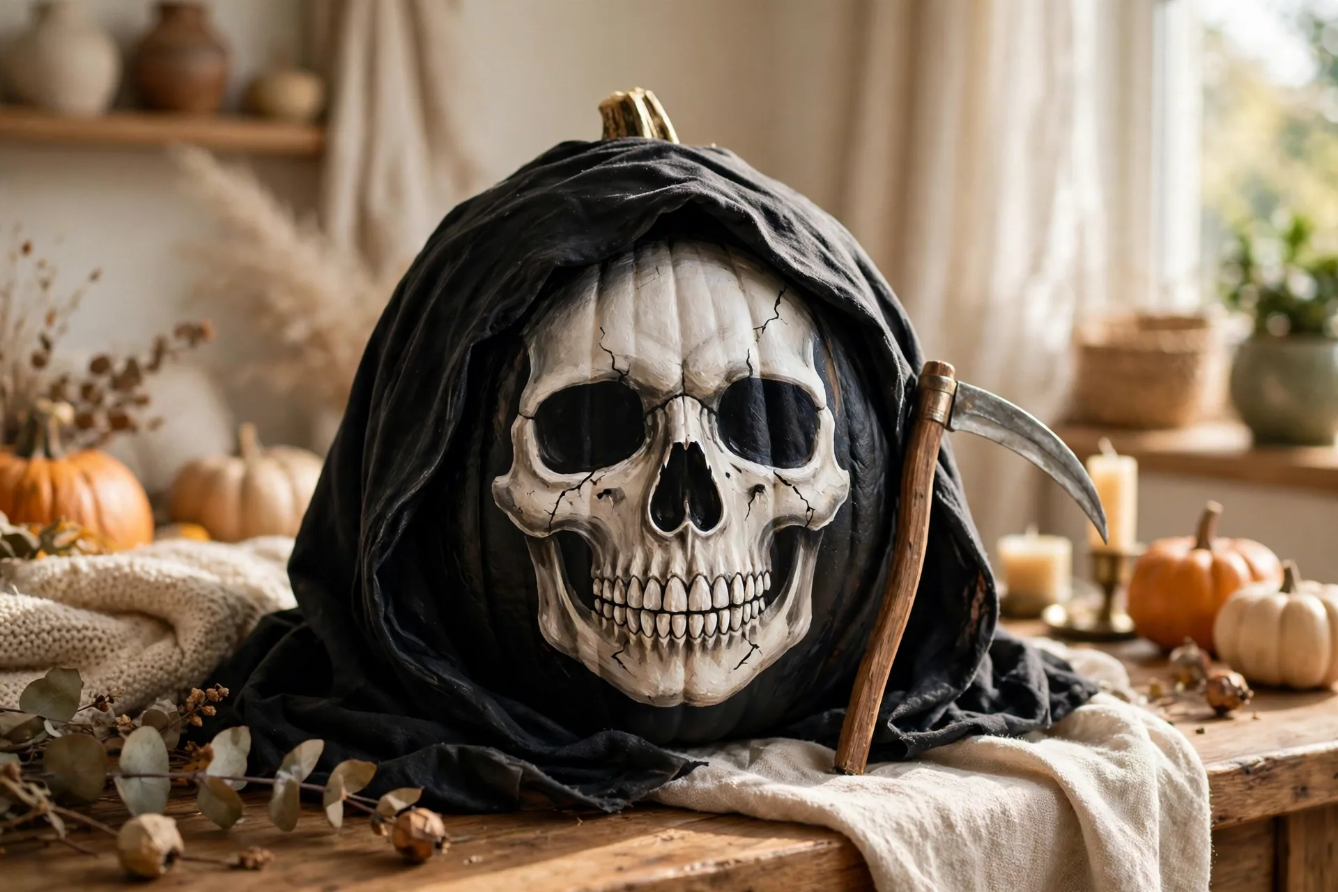 Painted pumpkin as the Grim Reaper with black hood, white skull face and scythe