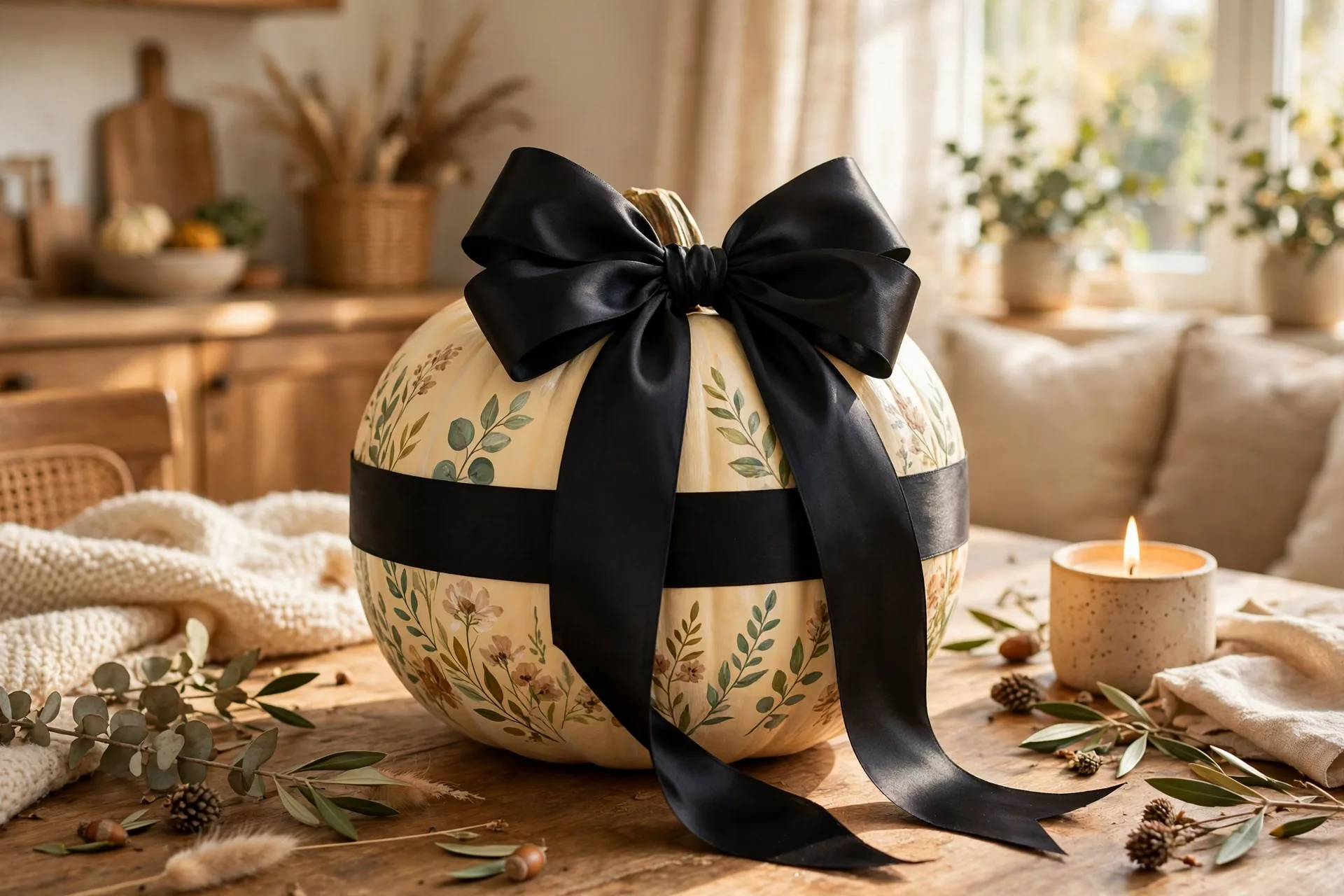 Painted pumpkin wrapped with a big black ribbon bow