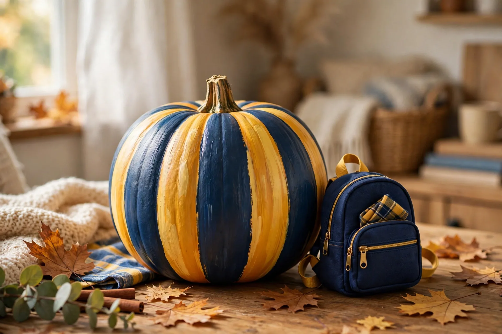 Painted pumpkin in school colors with the school year and a tiny backpack