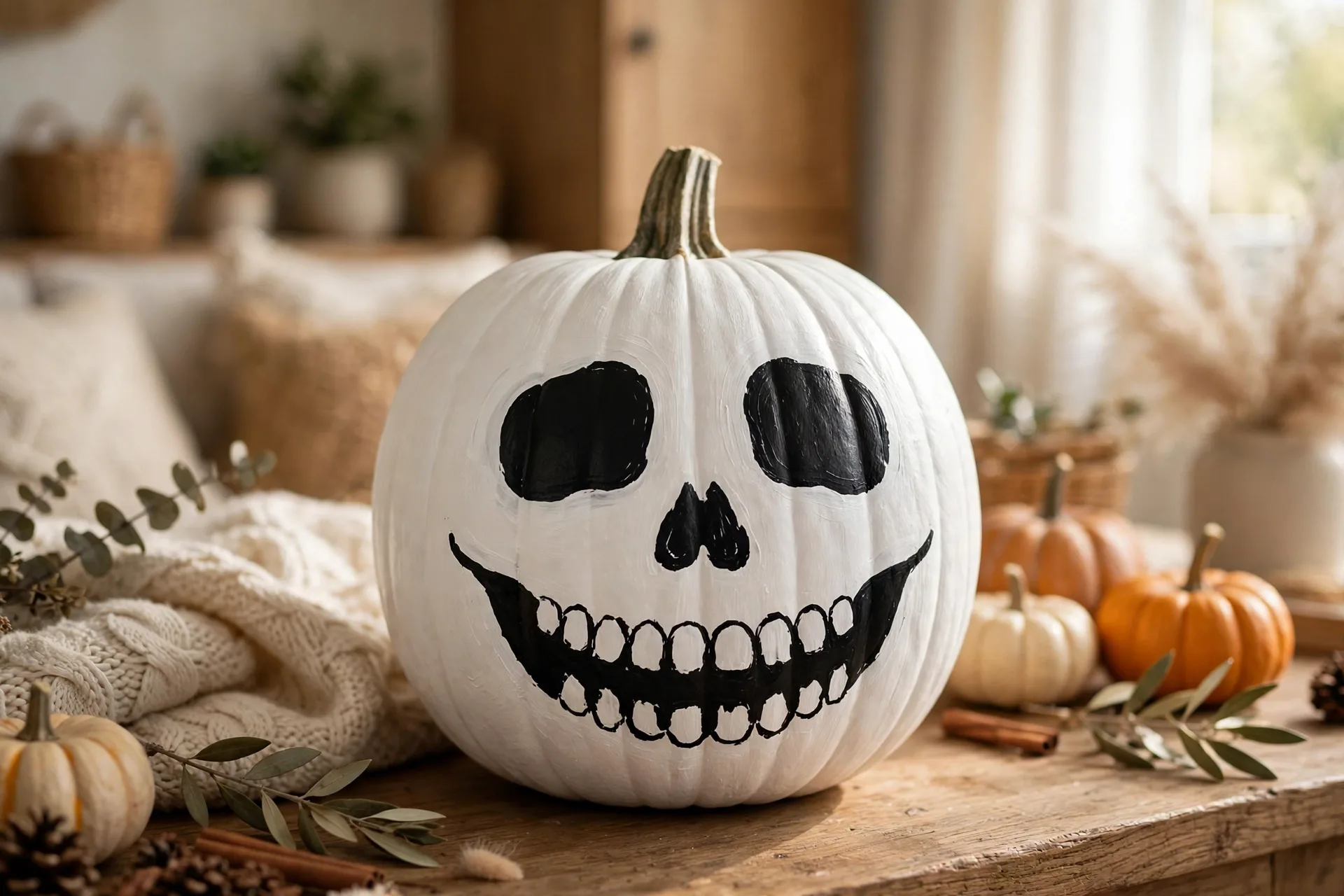 Painted pumpkin with a white skeleton skull face and black toothy grin