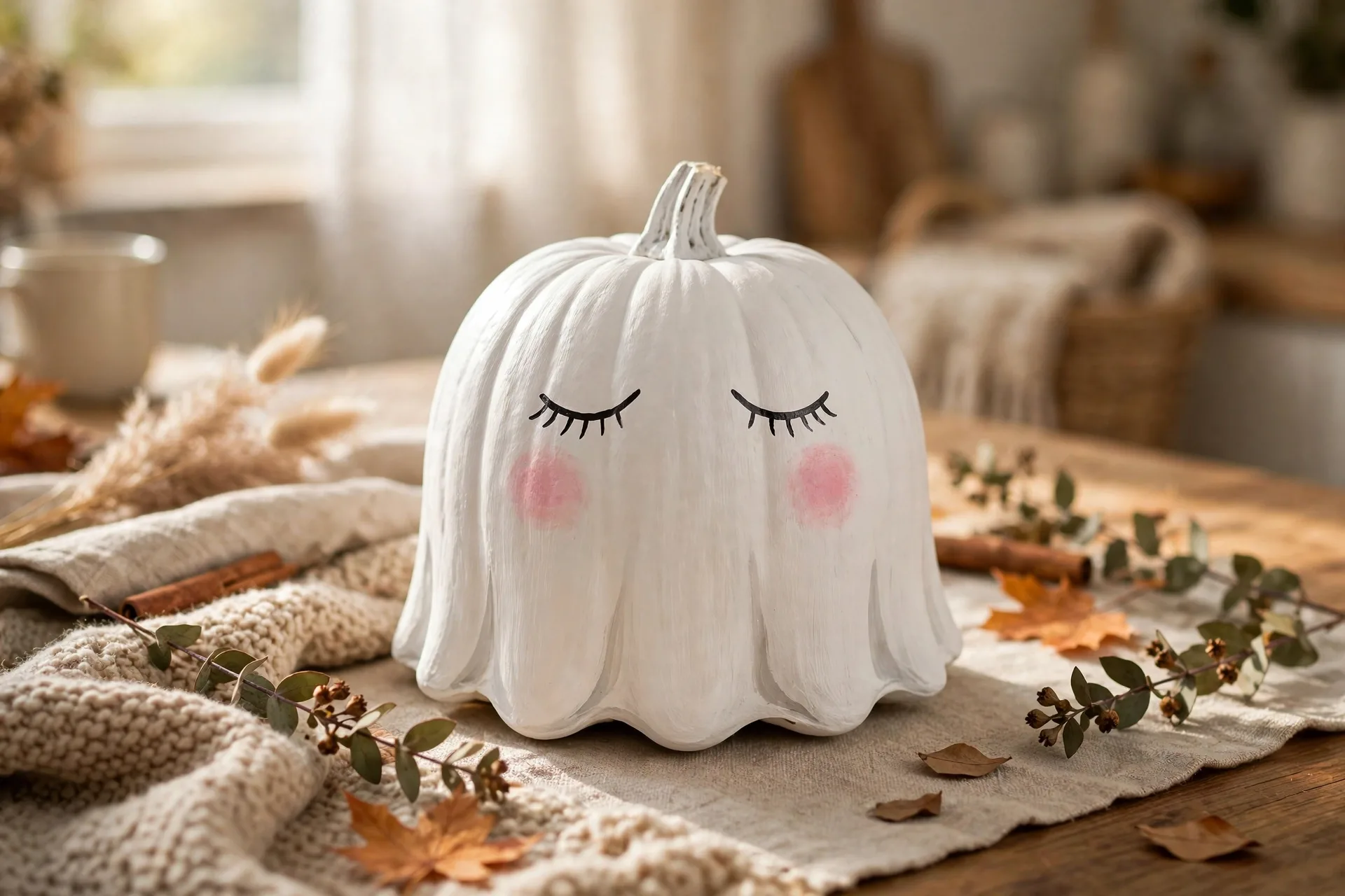 Painted pumpkin as a sleepy white ghost with closed eyes and rosy cheeks