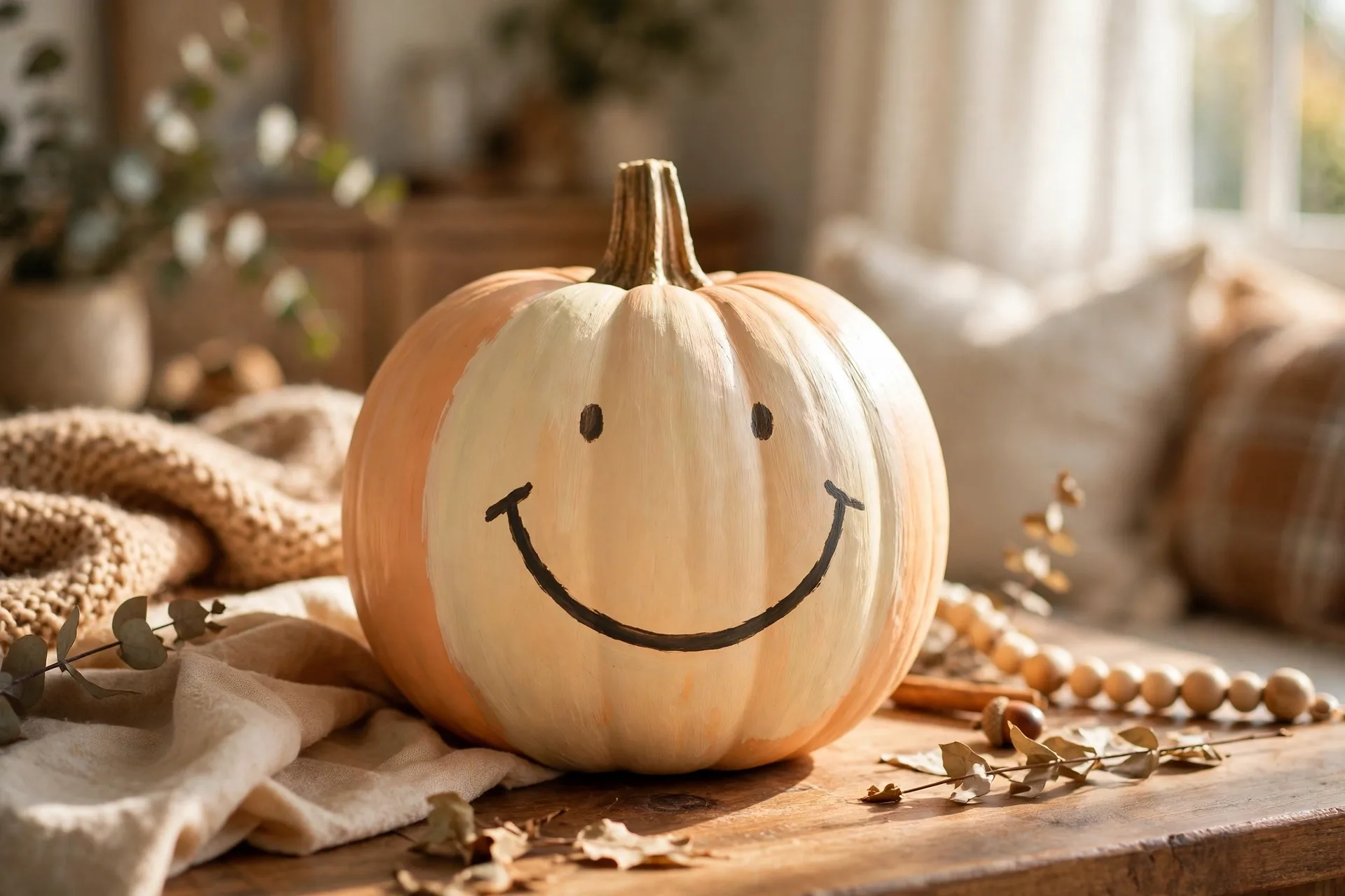 Painted pumpkin with a simple smiley face and big curved smile