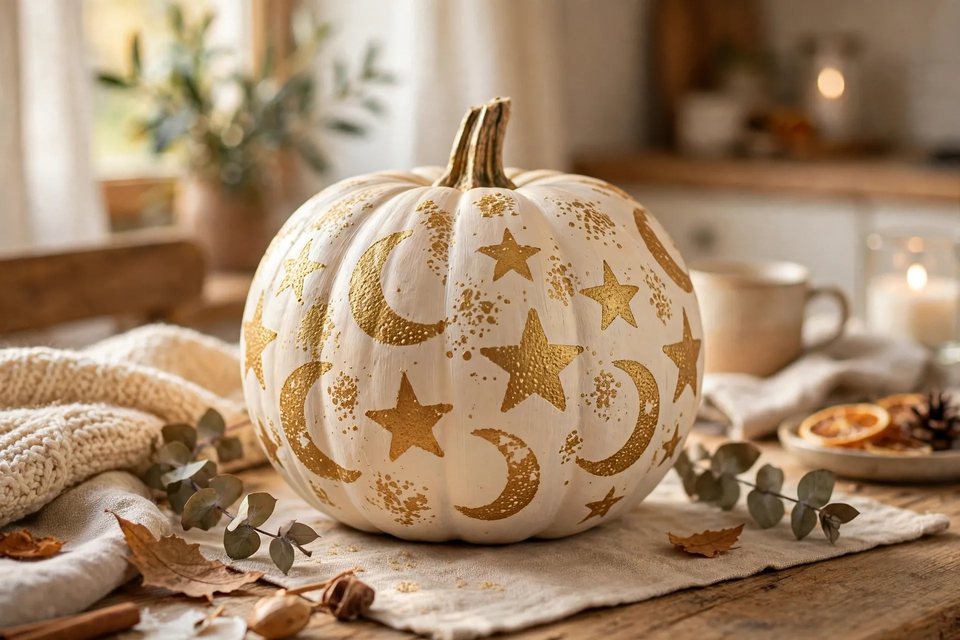 Painted pumpkin stamped with gold sponge stars and moons