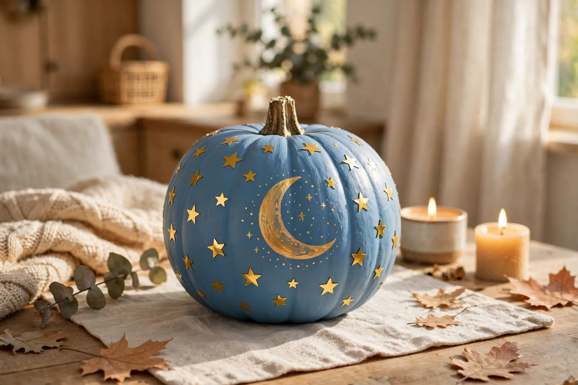 Blue painted pumpkin with gold star stickers and a painted moon