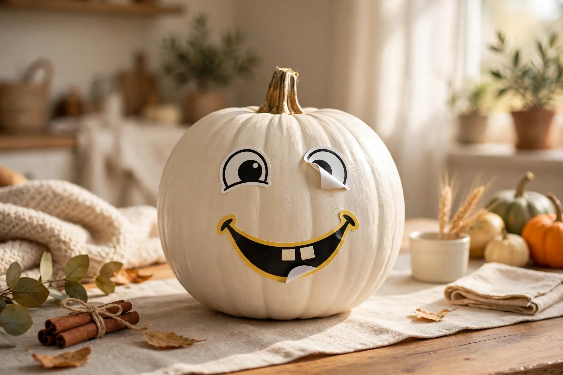 Painted pumpkin with a peel-and-stick funny face