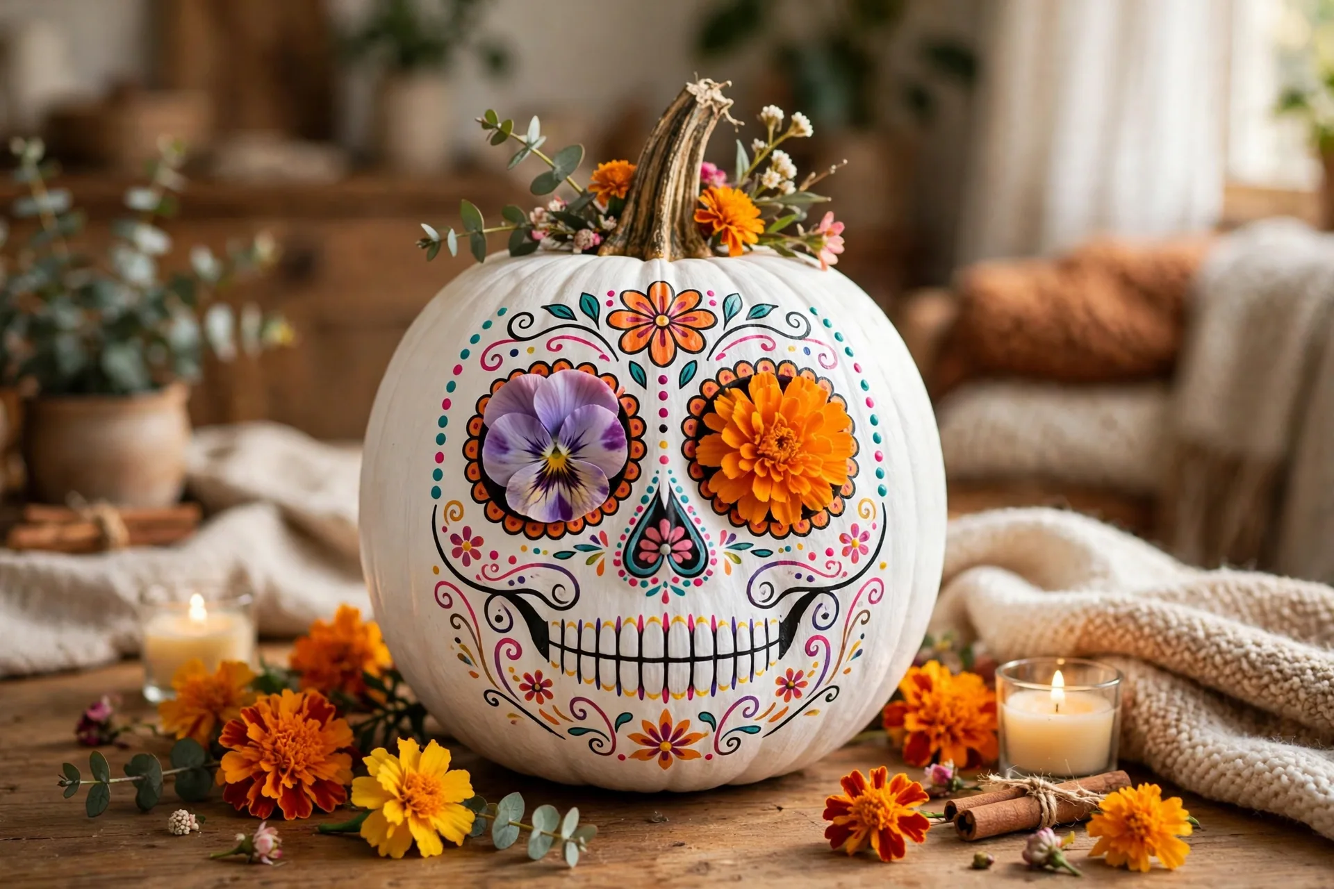 White painted pumpkin as a colorful Day of the Dead sugar skull with flower eyes