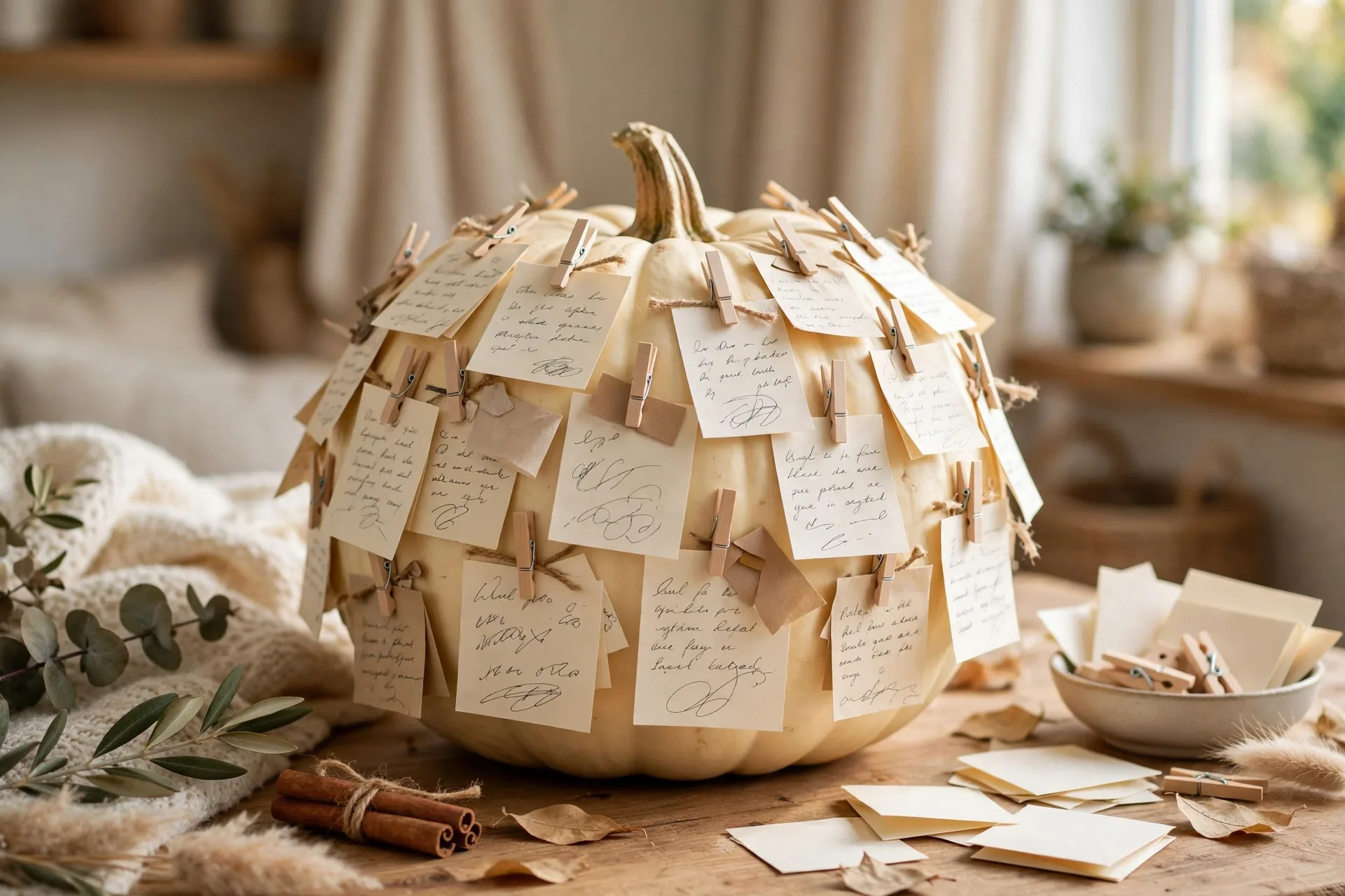 Cream thankful pumpkin covered in handwritten notes of gratitude
