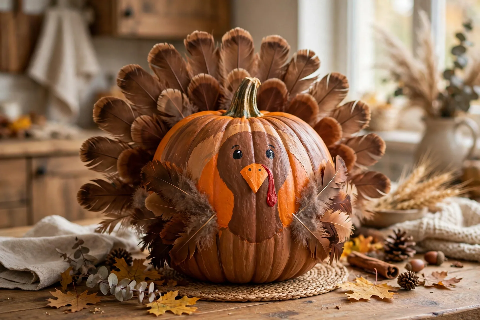 Painted pumpkin repainted as a Thanksgiving turkey with brown feathers