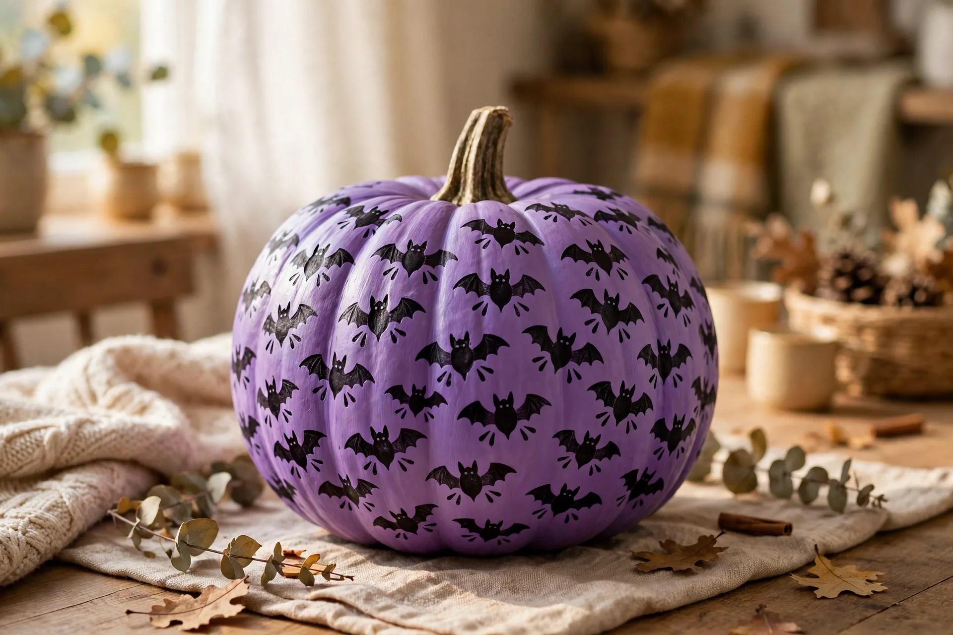 Purple painted pumpkin covered in tiny thumbprint bats